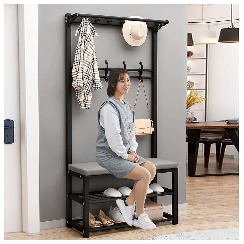 Modern Entryway Coat Rack Bench with Storage - 10 Hooks & 2-Tier Shoe Shelf - Hall Tree for Bedroom, Living Room & Hallway - Sturdy Metal Frame & Comfortable Sponge Cushion (Black, 80x33x170cm) - Perfect for Organizing Shoes, Coats & Accessories in Small Spaces