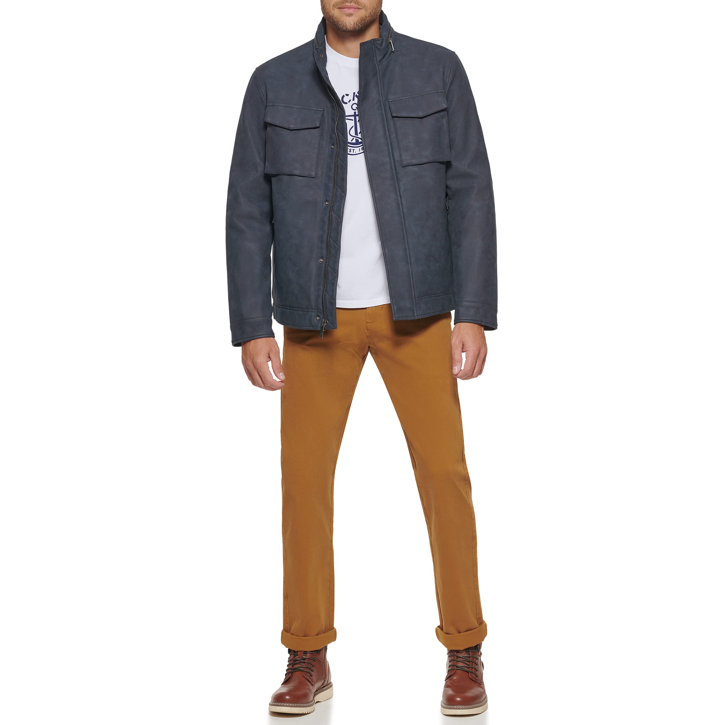 DOCKERS Men's Faux Leather Military Jacket - Stylish Waterproof Biker Jacket for Men | Perfect for Motorcycle Riding, Outdoor Adventures & Casual Wear