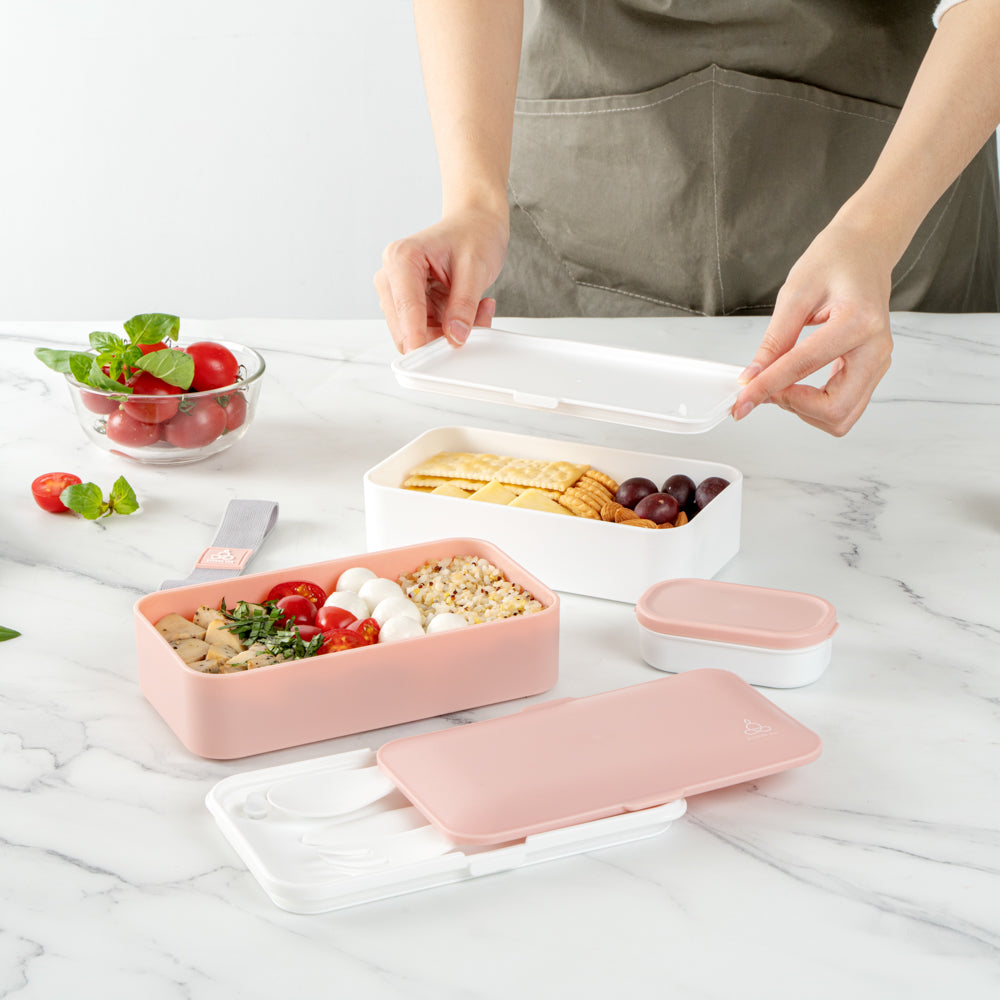 Bento Tek 41 oz Pink and White Buddha Lunch Box with Utensils & Sauce Cup | All-in-One Meal Prep Container | 7.25