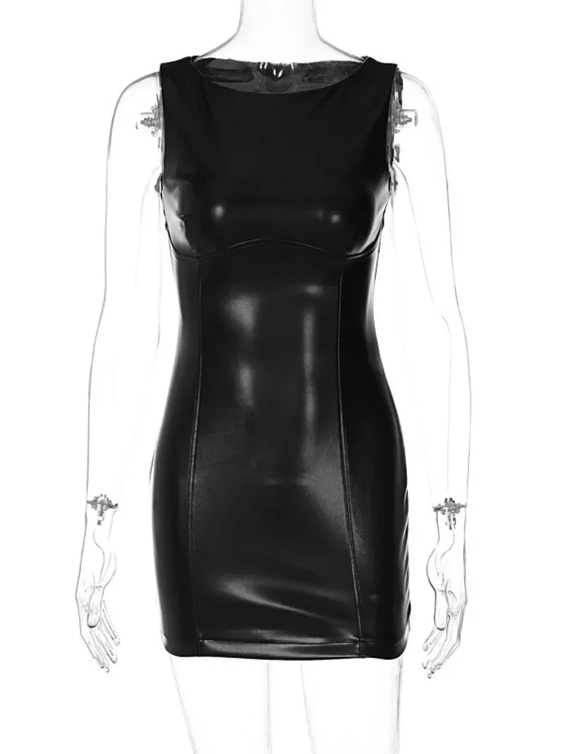 Sexy Black PU Leather Bodycon Dress for Women - High Waist Sleeveless Tank Dress with O-Neck for Nightclub, Party & Evening Wear | Perfect for Clubbing, Date Nights & Special Occasions