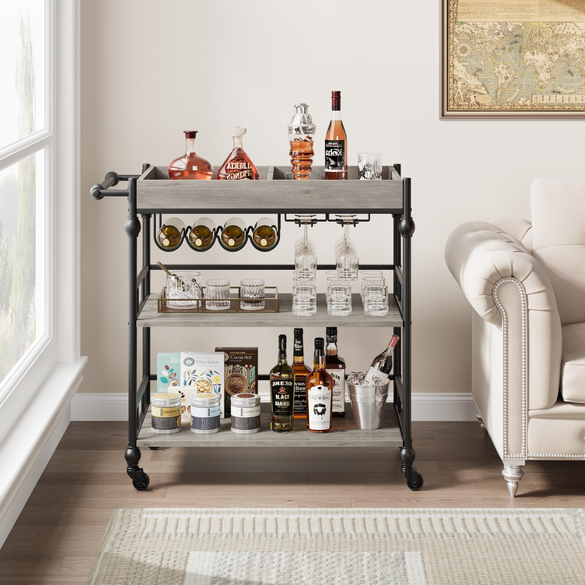 GARVEE 3-Tier Rolling Bar Cart with Wheels - Wine Rack & Glass Holder - Mobile Kitchen, Living Room, Dining Room Furniture - Grey - Perfect for Home Entertaining & Small Space Storage