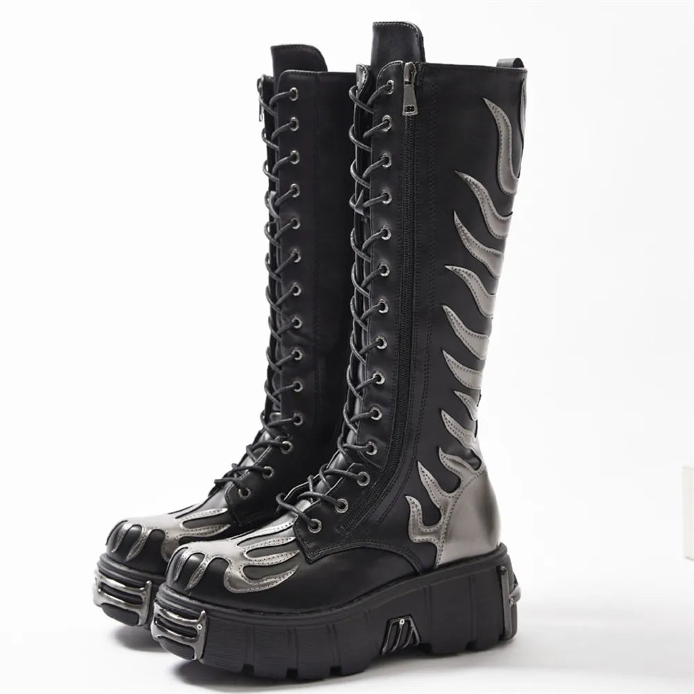 Trendy Punk Lace-Up Round Toe Knee High Boots for Women - Thick Platform Sole Motorcycle & Party Shoes (Botas Mujer 2025) - Perfect for Night Out, Concerts and Edgy Street Style