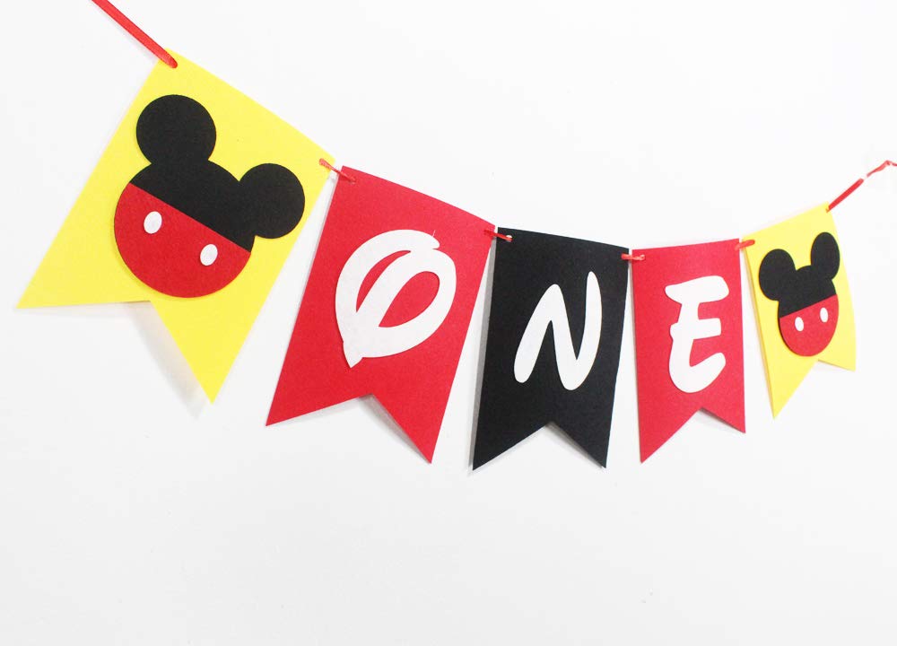 Hongkai Mouse Inspired 1st Birthday Banner Decorations - Handmade ONE Banner for Highchair & Party - Red Black Yellow Baby First Birthday Supplies | Perfect for Baby Showers, Milestone Celebrations & Photo Backdrops