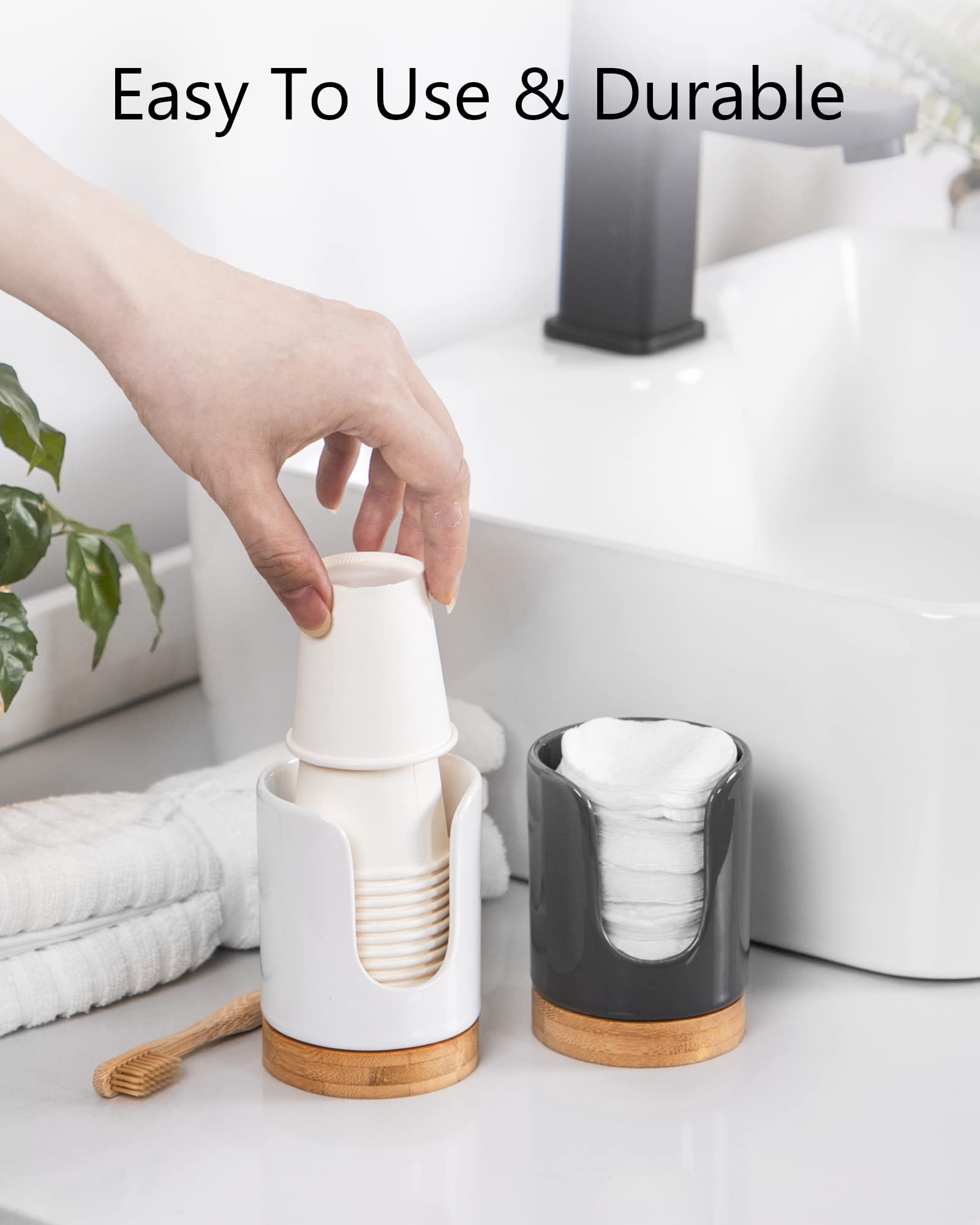 Ceramic Bathroom Cup Dispenser - 3oz BPA-Free Disposable Paper & Plastic Cup Holder for Mouthwash, Kids & Guest Toiletries - Countertop Organizer for Bathroom, Kitchen & Office (White)