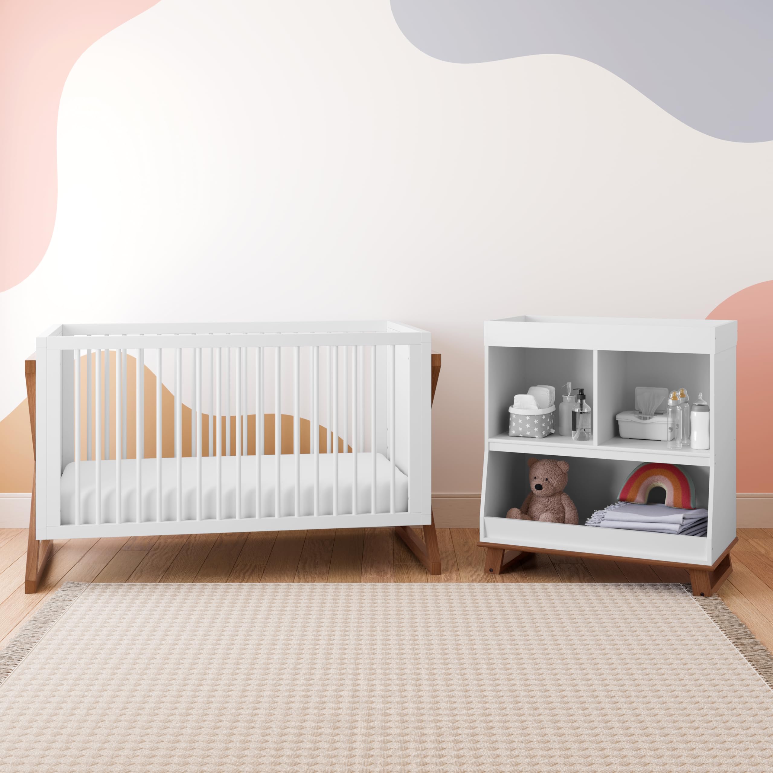 Storkcraft Equinox 3-in-1 Convertible Crib in Vintage Driftwood - Converts to Toddler Bed & Daybed with 3-Position Adjustable Mattress Base | Modern Two-Tone Nursery Furniture for Baby & Kids Bedroom | Safe & Stylish Infant Sleeping Solution