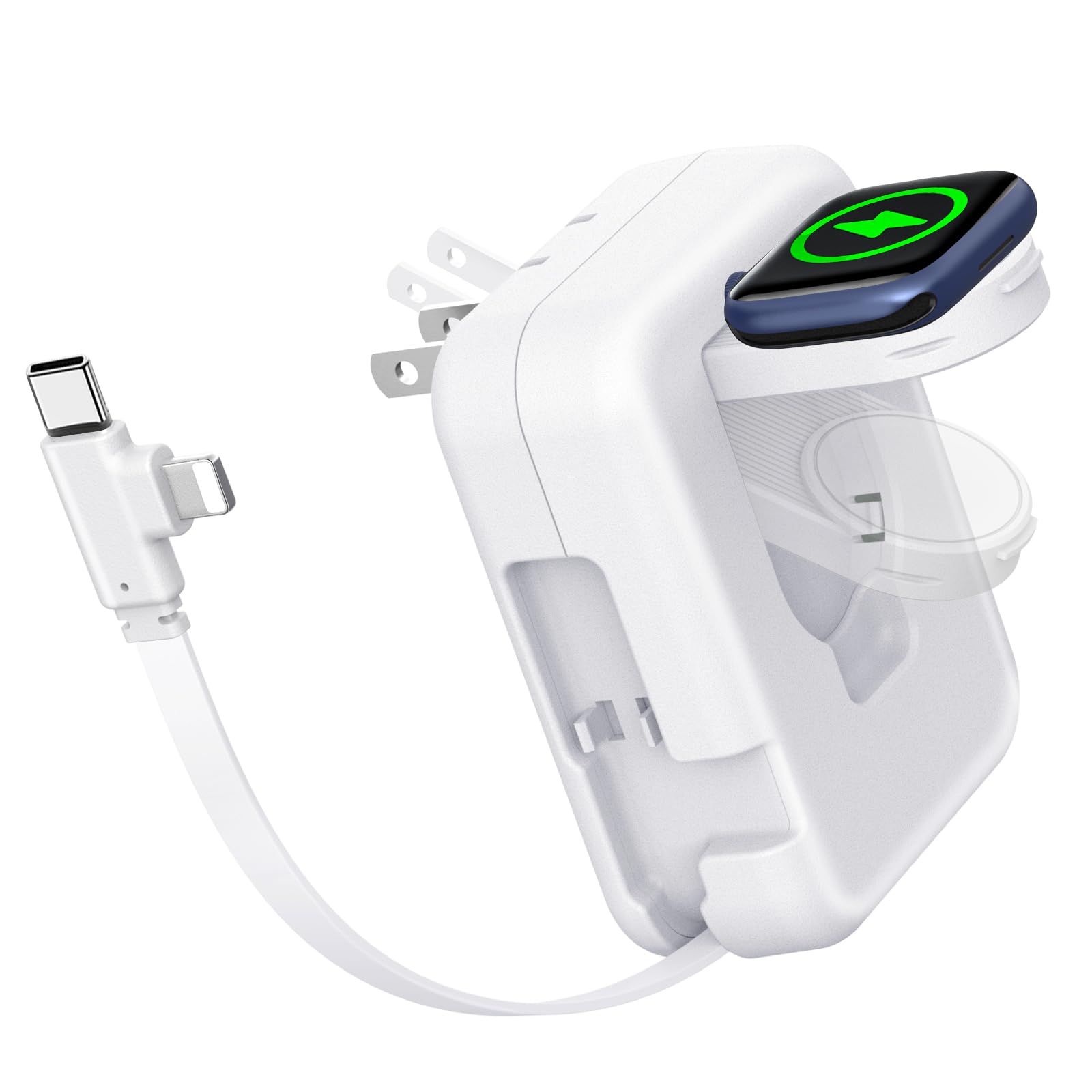 2-in-1 Apple Watch & iPhone Fast Charger - 36W Retractable Wall Charger with Travel Block - Compatible with iPhone 15/14/13/12/11 & Apple Watch Series 9/8/7/SE (White) - Perfect for Home, Office & Travel Charging