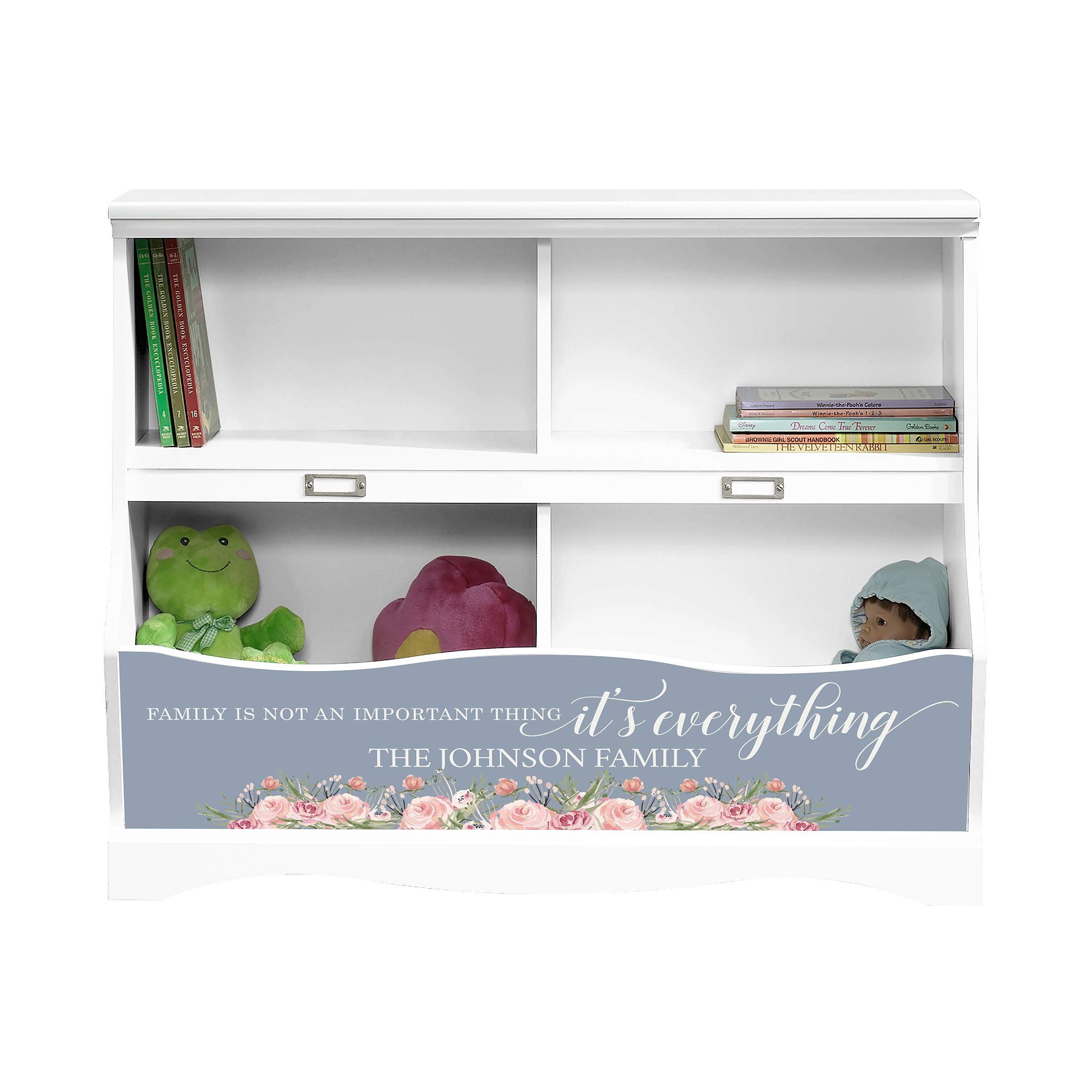 LifeSong Milestones Personalized Kids Bookcase & Toy Storage Organizer - Soft White Finish with Cubbyhole for Nursery, Playroom & Bedroom - Perfect for Organizing Books, Toys & Keepsakes | Family is Everything Design