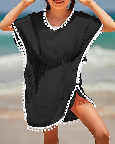 Eurivicy Girls' Swim Cover Up - Cute Kids Summer Beach Dress with Pom Pom Trim | Swimwear Wrap for Pool, Beach & Vacation Outfits