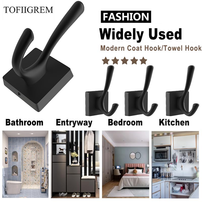 6 Pack Black Heavy Duty Wall Hooks - Modern Double Coat Hooks for Hanging Clothes, Robes, Towels & Backpacks | Perfect for Mudroom, Bathroom & Hallway Organization (Decorative Home Hooks)