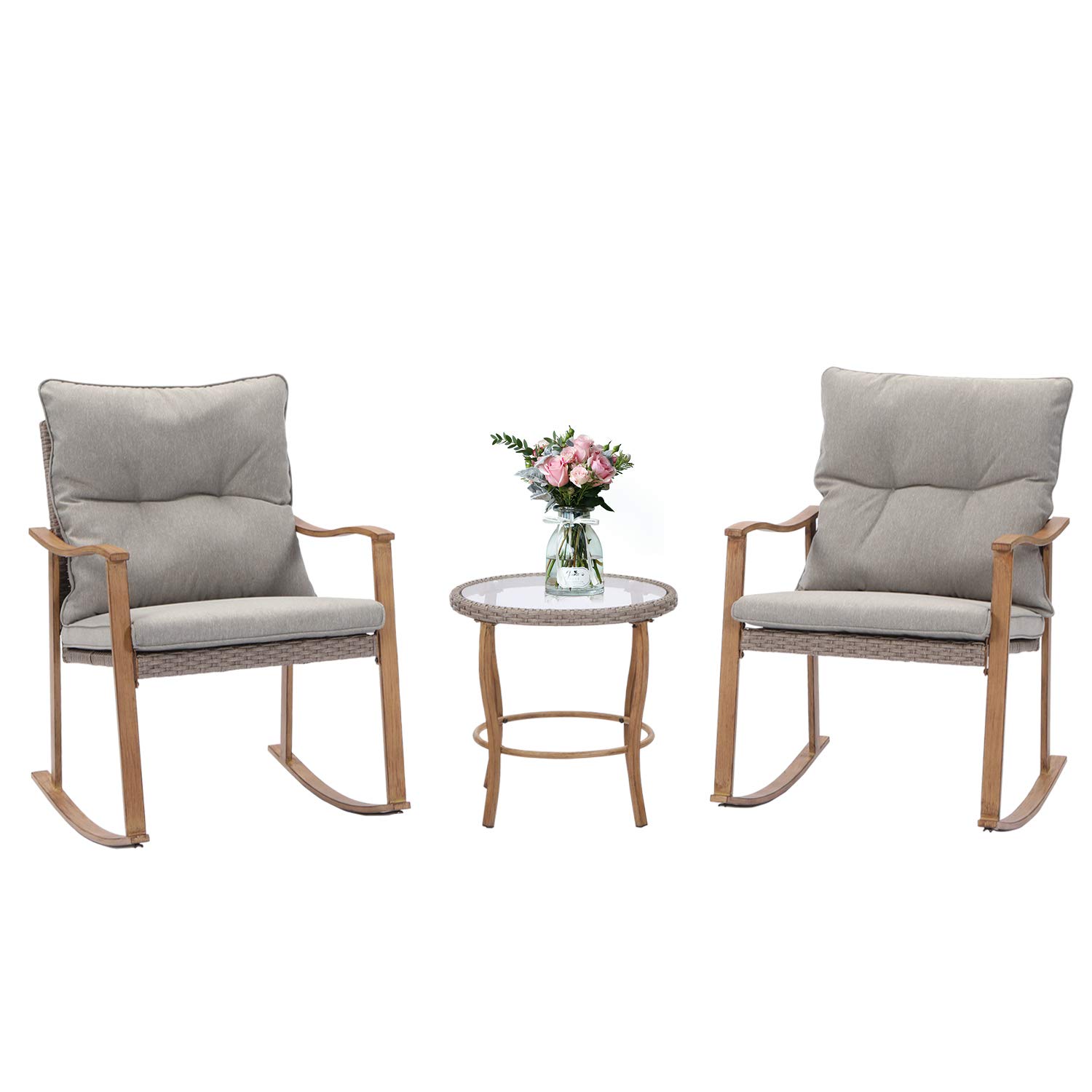Modern SUNBURY 3-Piece Outdoor Rocking Bistro Set with Cushions & Glass Coffee Table - Woodgrain Wicker Patio Furniture for Sunroom, Porch or Garden - Perfect for Relaxing, Entertaining & Outdoor Conversations