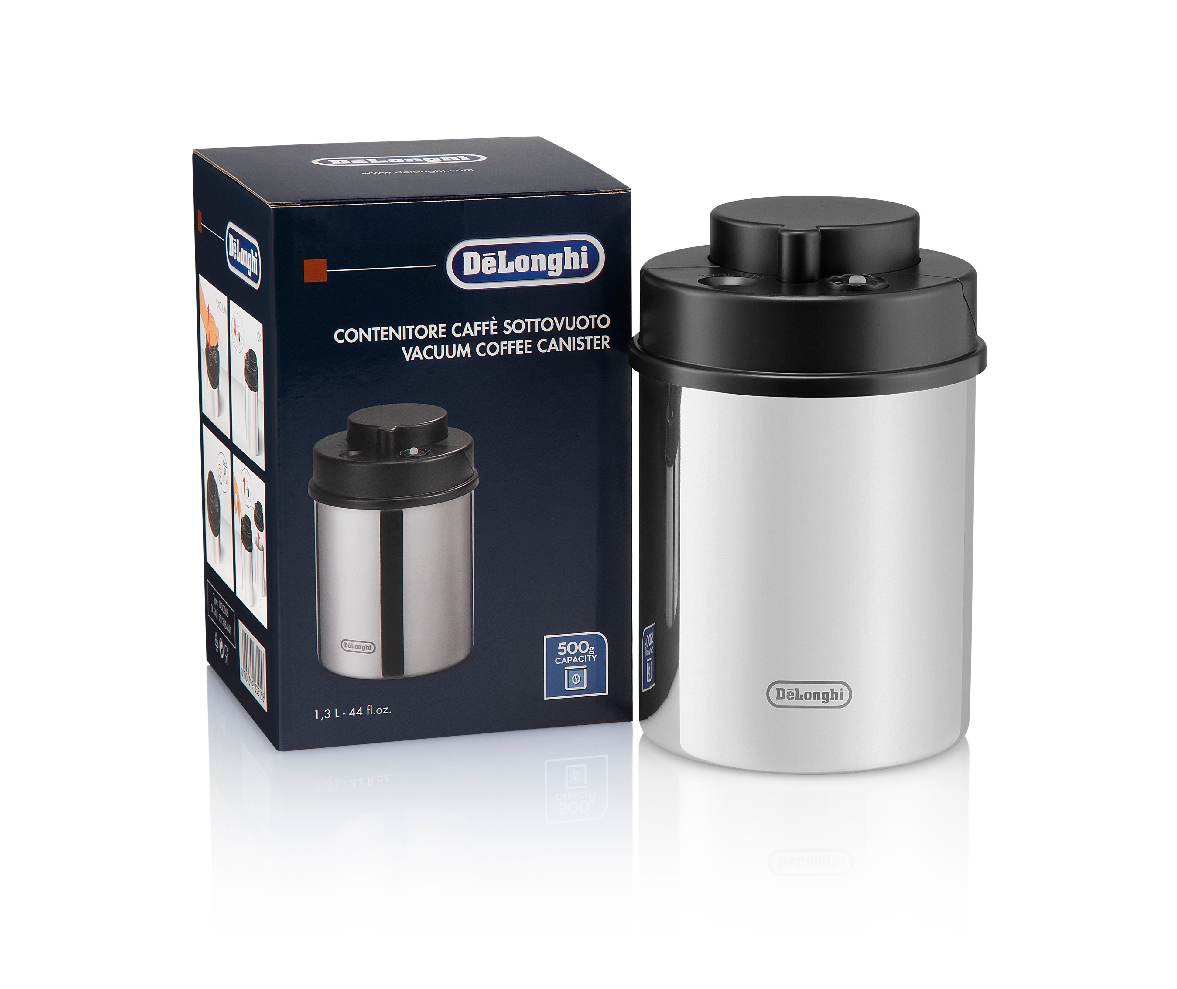 DELONGHI DLSC063 Manual Vacuum Coffee Storage Canister - Keep Coffee Fresh & Aromatic for Home, Office, or Travel Use