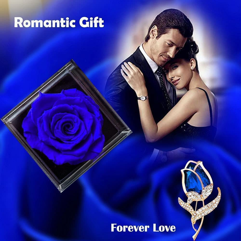 SWEETIME Blue Rose Gift Box with Sterling Silver S925 Necklace & Floral Brooch - Eternal Rose Jewelry Set for Women - Perfect Thanksgiving, Christmas & Anniversary Gift for Her - Romantic Present for Wife, Girlfriend, Mother (Home Decor & Special Occasion Gift)