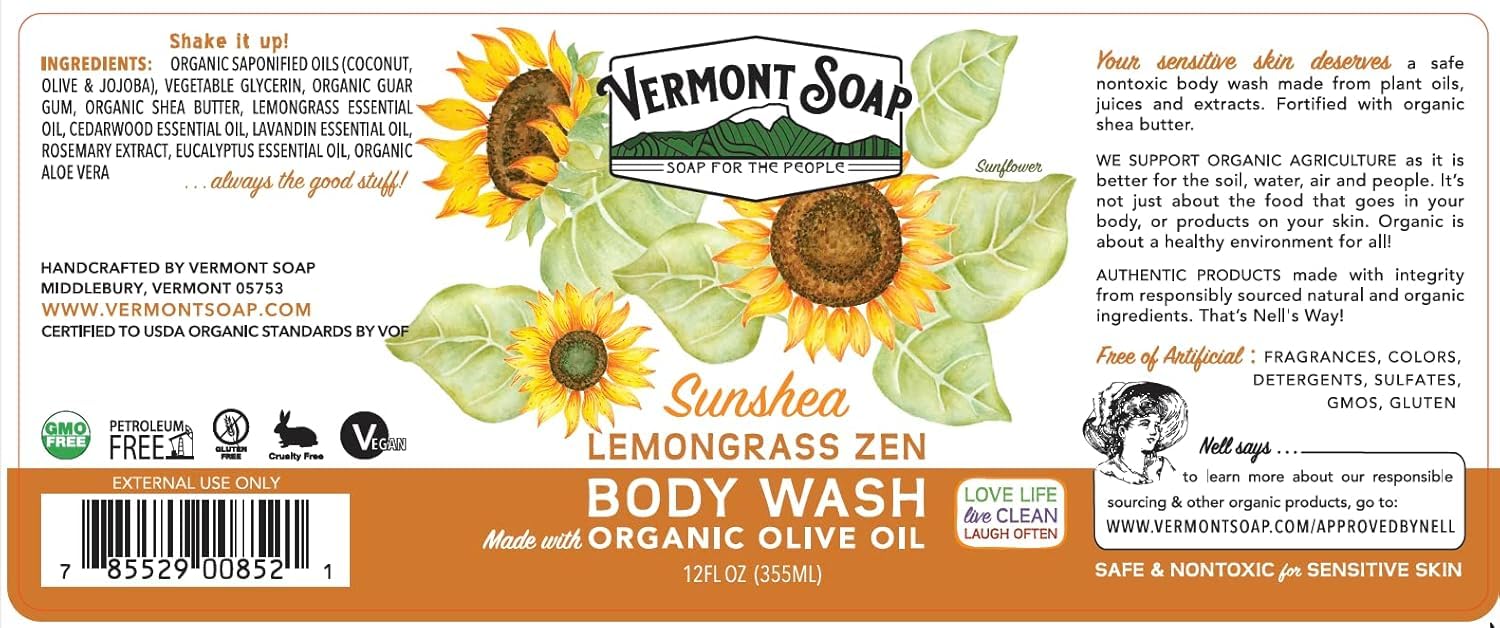 VERMONT SOAP Natural Body Wash with Shea Butter - Moisturizing & Soothing Fragrance-Free Gel Body Wash for Women & Men (Lemongrass Zen, 12oz) - Perfect for Sensitive Skin & Daily Shower Routine