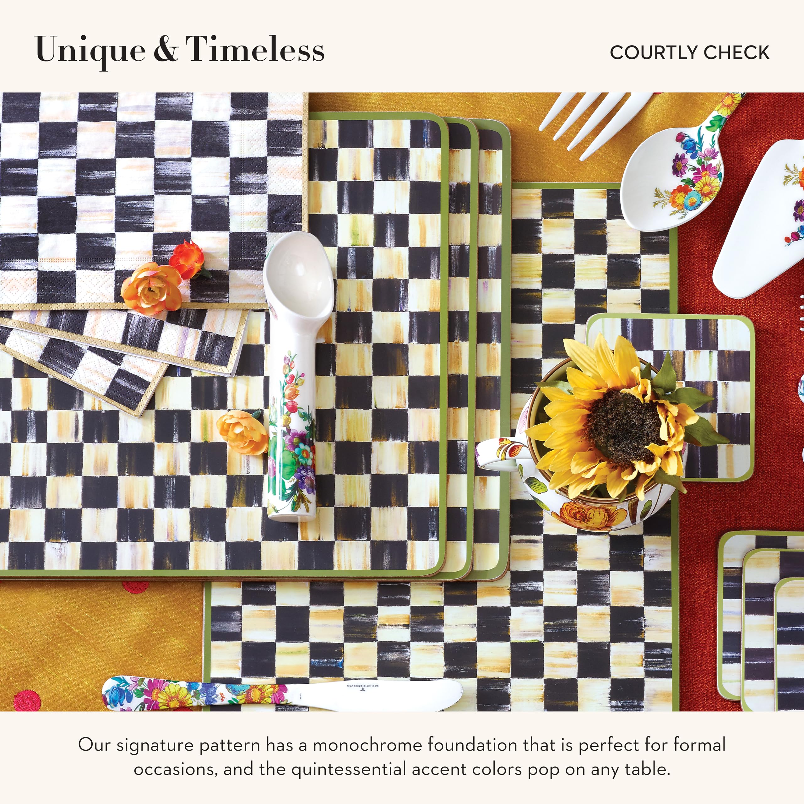 MACKENZIE-CHILDS Washable Cork-Back Placemats Set of 4 - Black and White Courtly Check Table Mats for Dining, Kitchen, and Party Decor