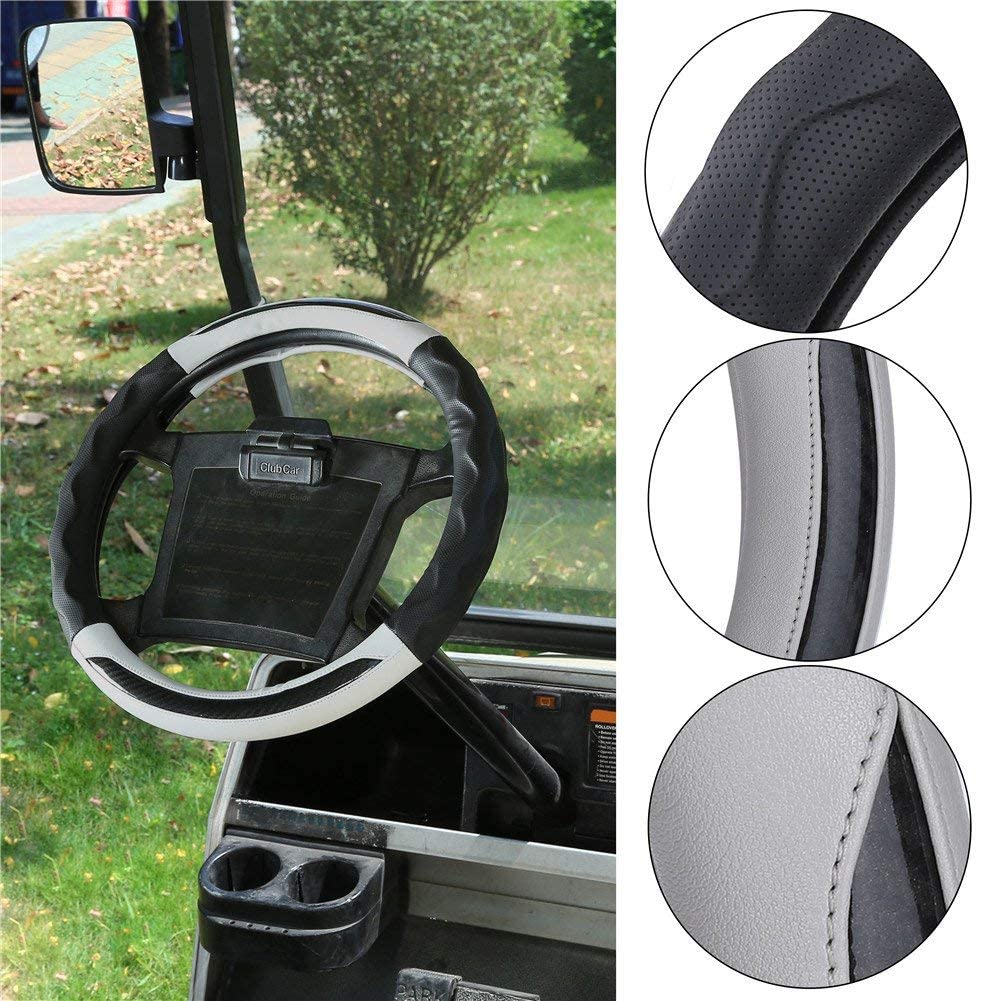 Premium PU Leather Microfiber Anti-Slip Golf Cart Steering Wheel Cover for Club Car - Black & Grey | Comfort Grip & Enhanced Control for Golf Carts, Utility Vehicles & Neighborhood Cruisers