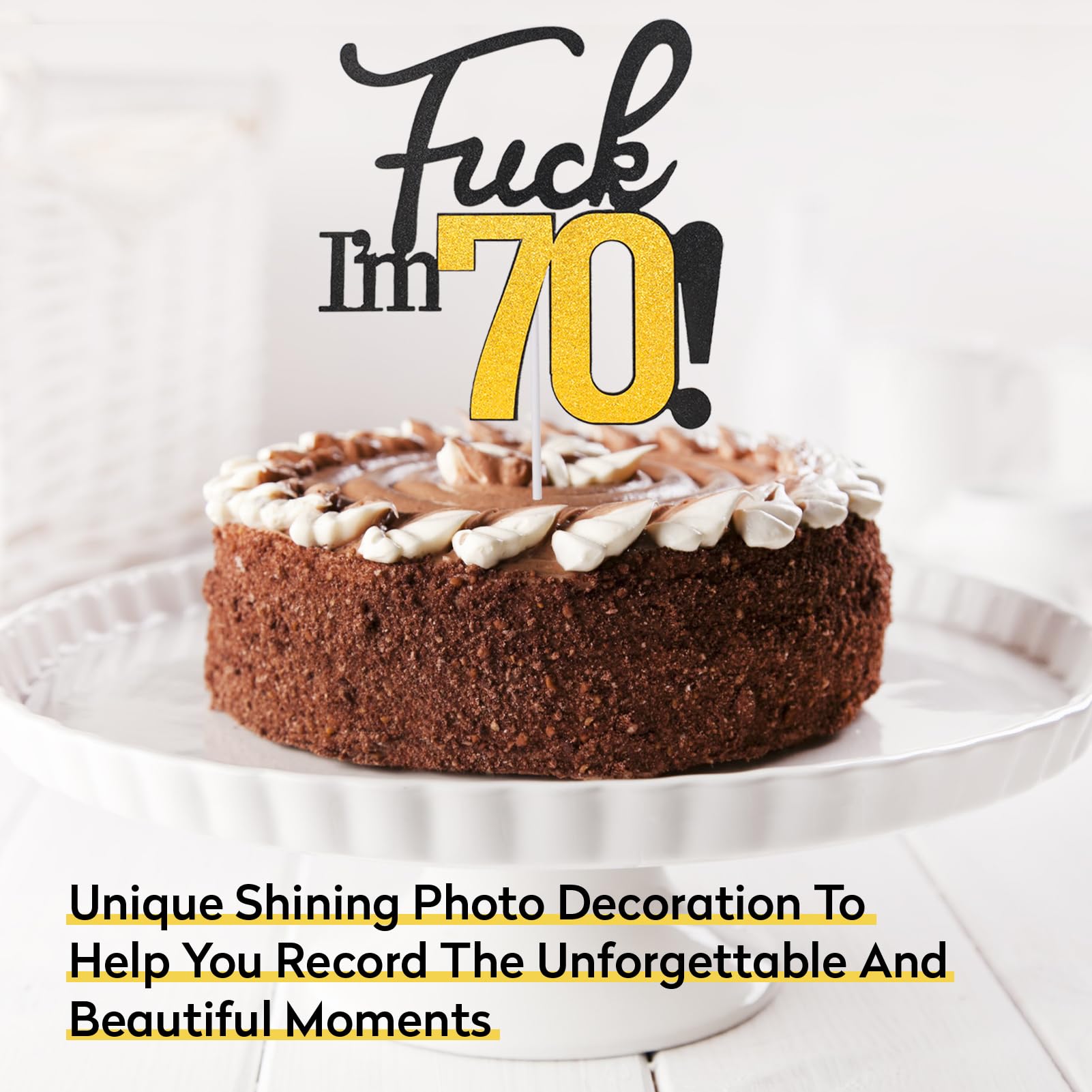 70th Birthday Cake Topper - Black & Gold Glitter Party Decor for Men & Women | Funny 70th Birthday Decorations | Cake Topper for Anniversary Celebrations & Milestone Parties