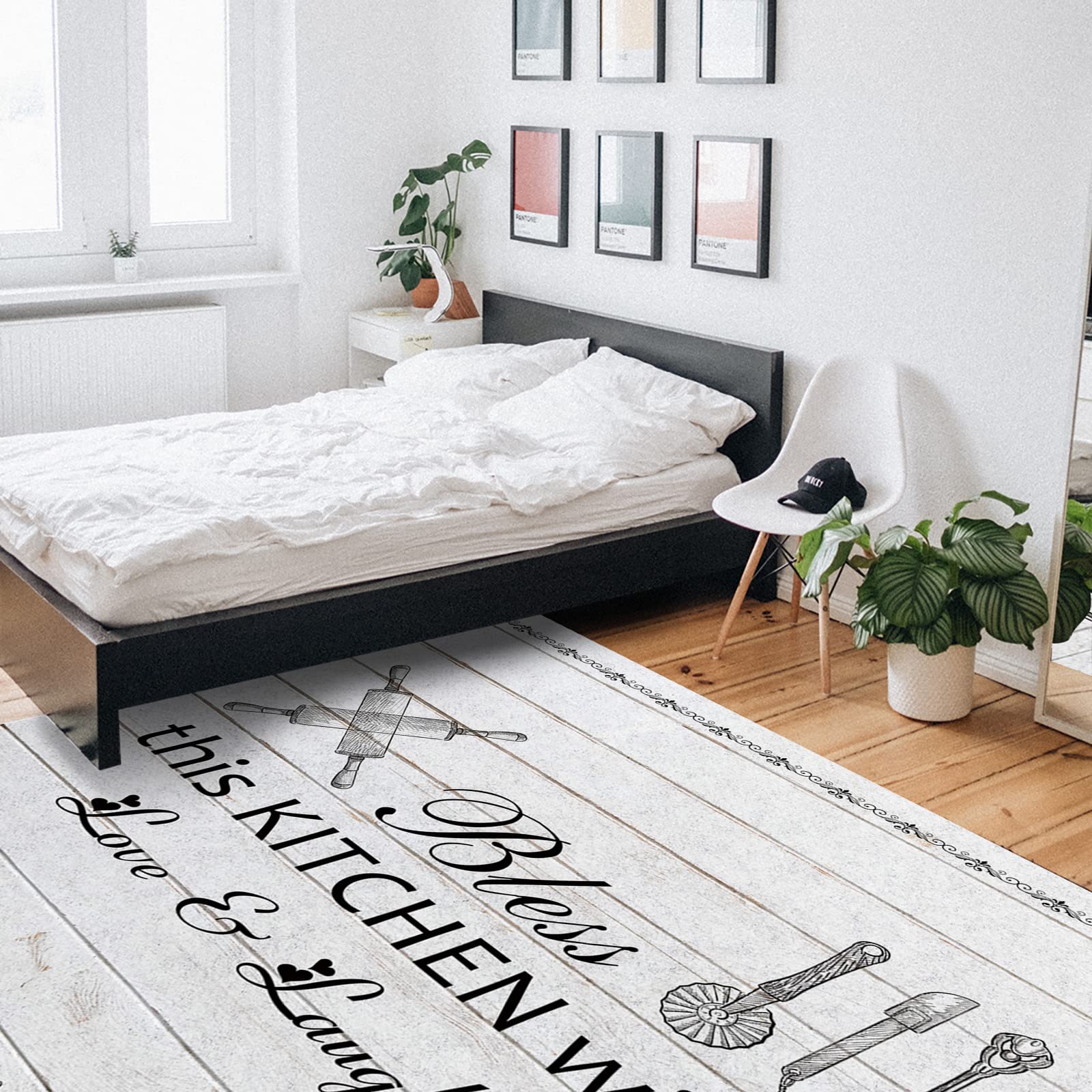 3'x5' Non-Slip Farmhouse Area Rug - Kitchen Utensils Design, Soft Carpet Runner for Bedroom, Living Room & Kids Room | Perfect Floor Cover Mat for Home Decor | Bless This Kitchen Wooden Pattern | Ideal for Cozy Spaces, Entryways & Dorm Rooms