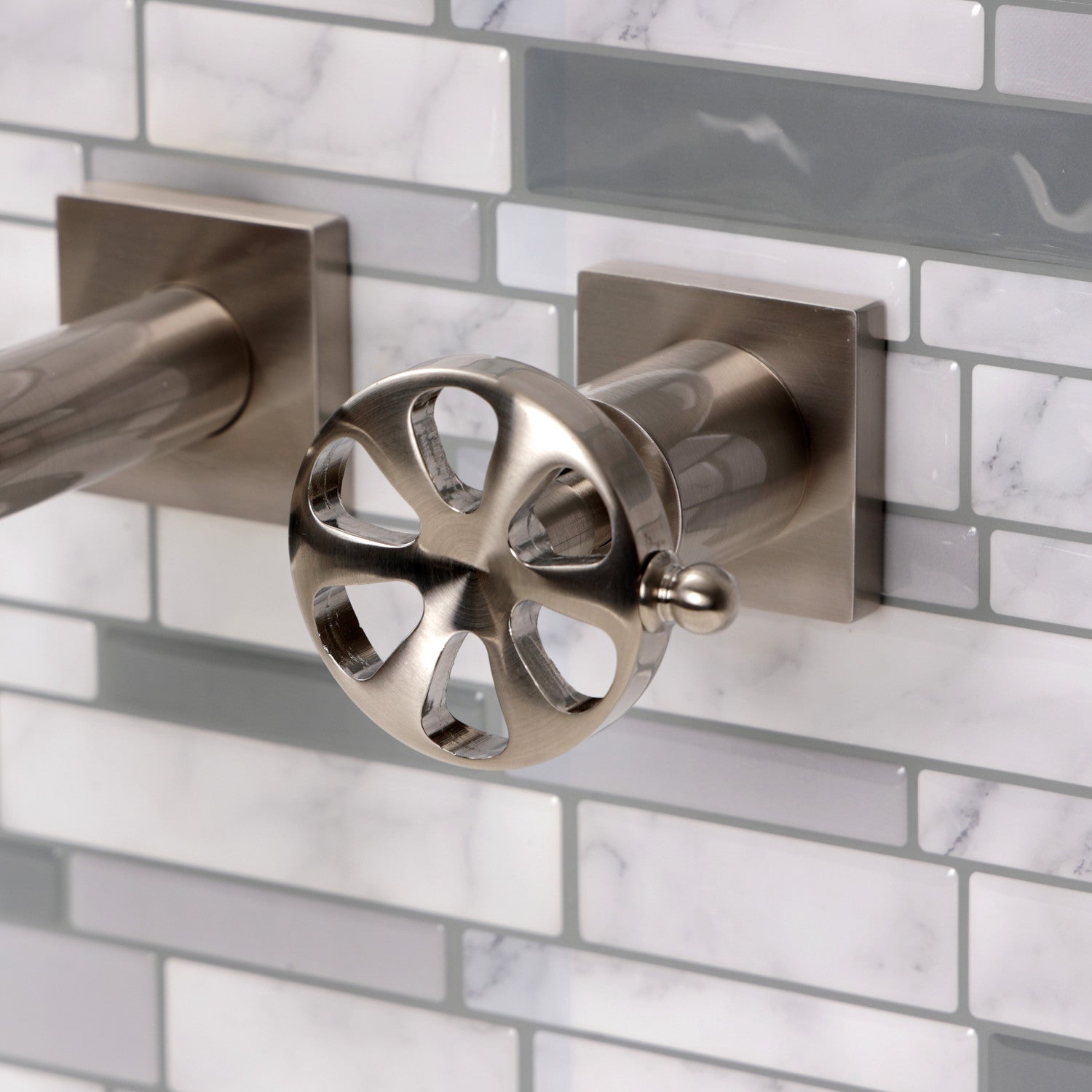 Belknap KS6128RX Brushed Nickel Double Handle 3-Hole Wall Mount Bathroom Faucet - Perfect for Modern Bathrooms and Powder Rooms