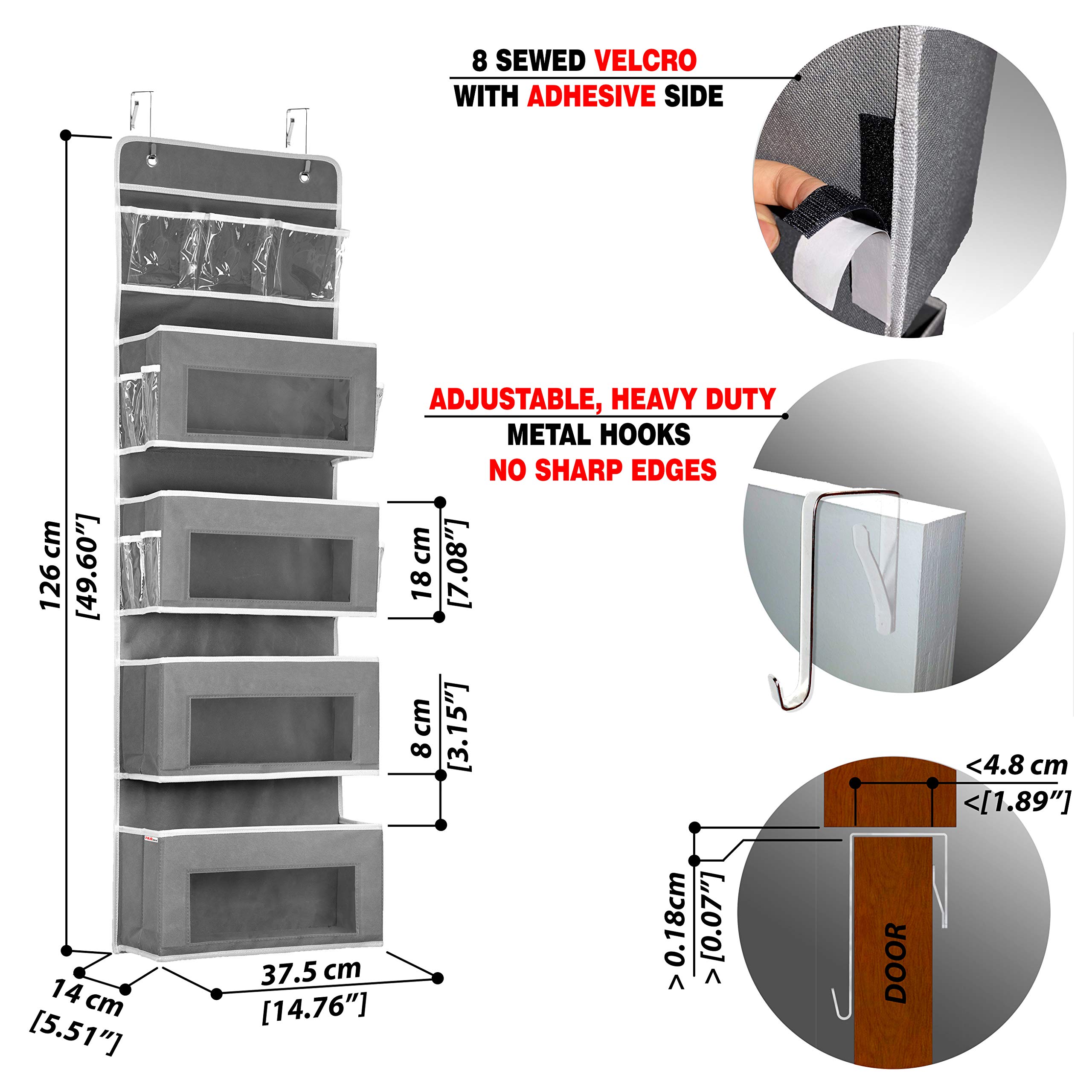 TILQshop Baby Over Door Hanging Organizer with 4 Clear Window Pockets & 11 Small Pouches - Adjustable Metal Hooks for Nursery, Closet, Pantry Storage - Perfect for Toys, Baby Essentials & Makeup Organization (Grey) - Space Saving Door Organizer for Home & Nursery Use