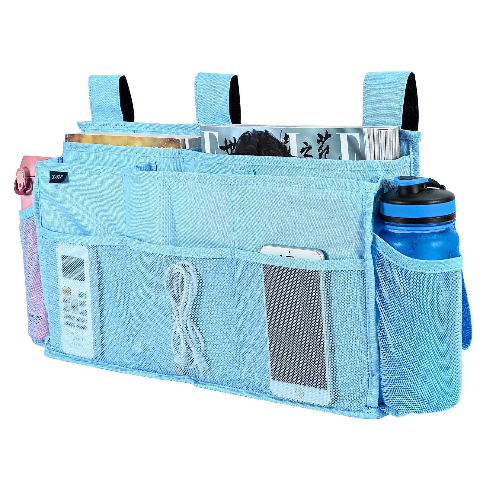 10-Pocket Hanging Bed Organizer - Bedside Caddy for Hospital Beds, College Dorms & Baby Cribs (Blue) | Space-Saving Storage for Phones, Books & Essentials