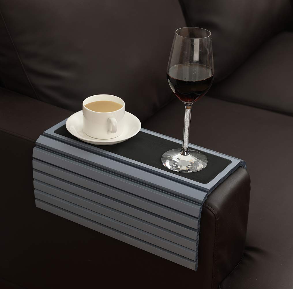 Foldable Sofa Arm Tray Table - Adjustable Couch Tray for Drinks, Snacks, Phone & Remote Control - Portable & Space-Saving Design - Perfect for Living Room, Bedroom, Office (Grey)