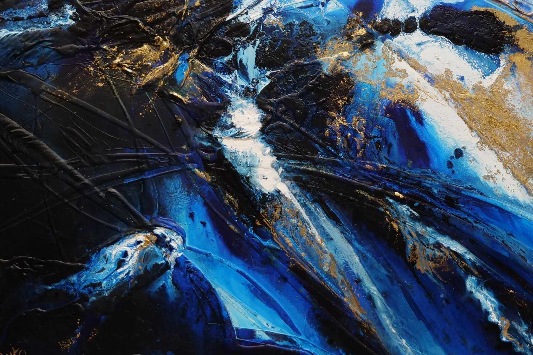 Golden Sapphire 200cm x 120cm Blue Gold White Textured Abstract Canvas Art - Modern Wall Decor for Living Room, Bedroom & Office