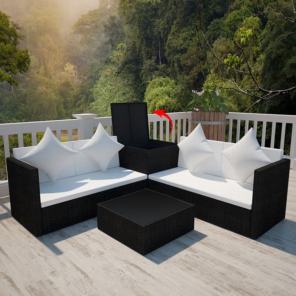 4-Piece Black Poly Rattan Garden Lounge Set with Cushions - Outdoor Patio Furniture for Deck, Porch, Lawn & Backyard - Perfect for Relaxing, Entertaining & Sunbathing
