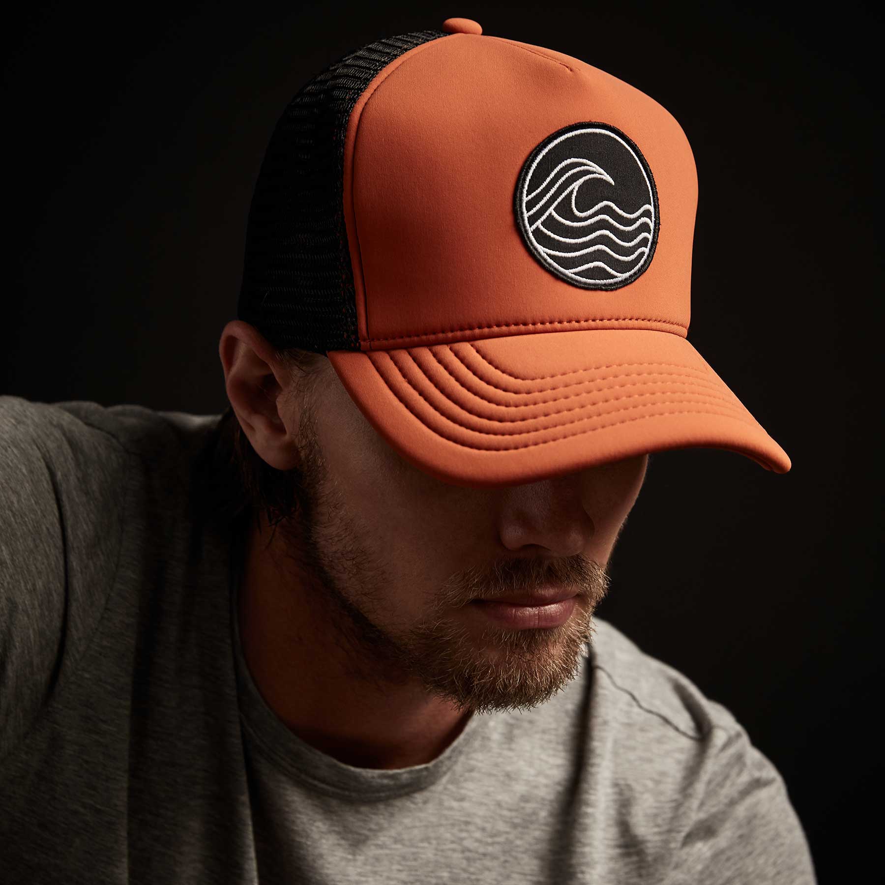 Wave Patch Scuba Trucker Hat - Adjustable Snapback Cap for Men & Women - Burnt Orange - Perfect for Diving, Fishing, and Outdoor Adventures