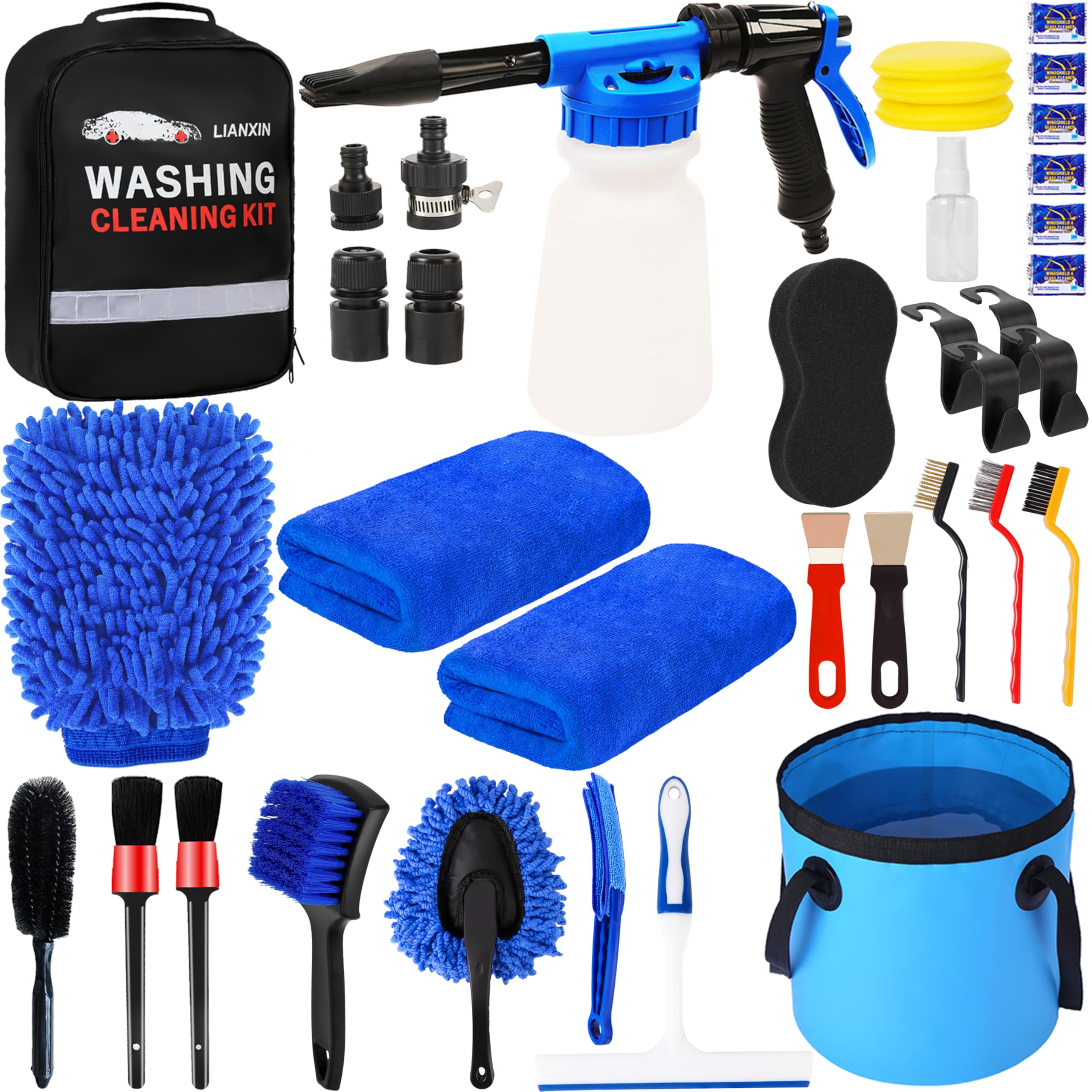 37Pcs Car Wash Detailing Kit with Foam Gun, Sprayer, Bucket, Towels, Tire Brush & Wash Mitt - Complete Auto Cleaning Tools for Professional Car Detailing & Home Vehicle Care