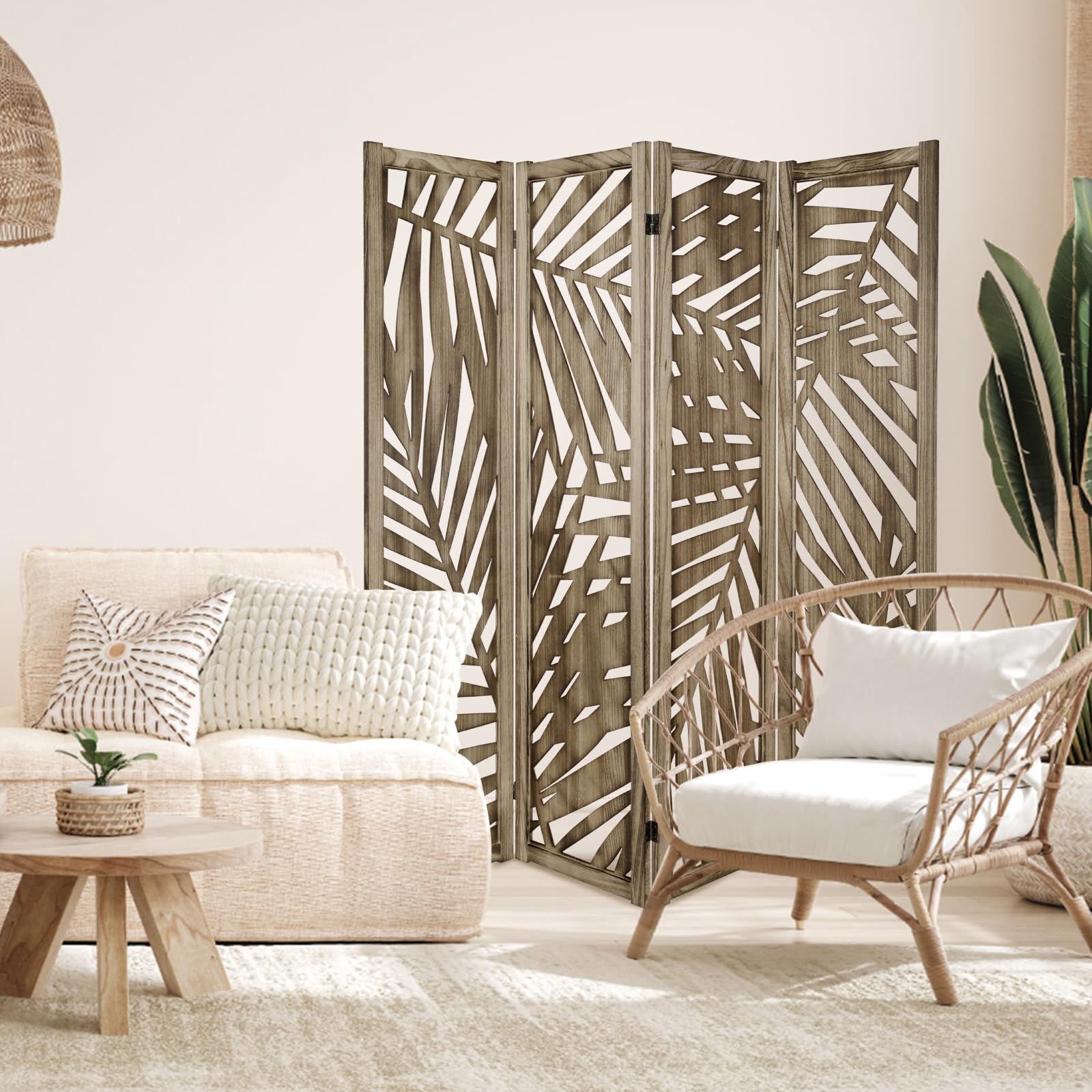 ECOMEX 4 Panel Palm Leaf Room Divider - Freestanding Partition Screen with Retro Leaf Cutout Design in Brown | Perfect for Living Room, Bedroom & Office Privacy