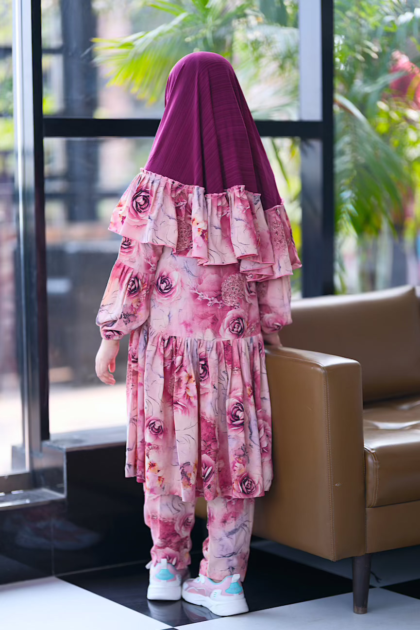 Little Nupur Tunic Set Rose - Stylish Floral Printed Girls' Dress Outfit for Casual Wear & Special Occasions