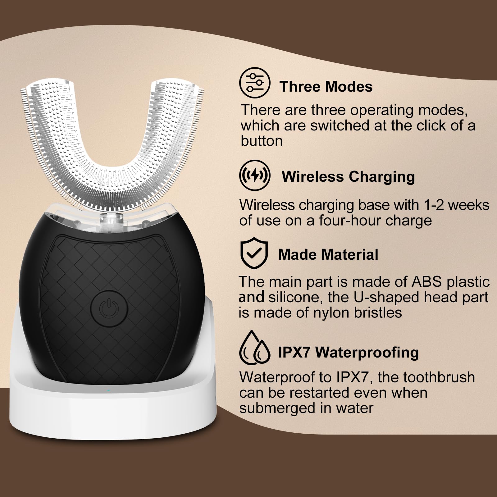 360° Electric U-Shaped Toothbrush for Adults - Ultrasonic Teeth Whitening with Wireless Charging | Travel & Home Dental Care Kit (Black) | Perfect for Daily Oral Hygiene & On-the-Go Use