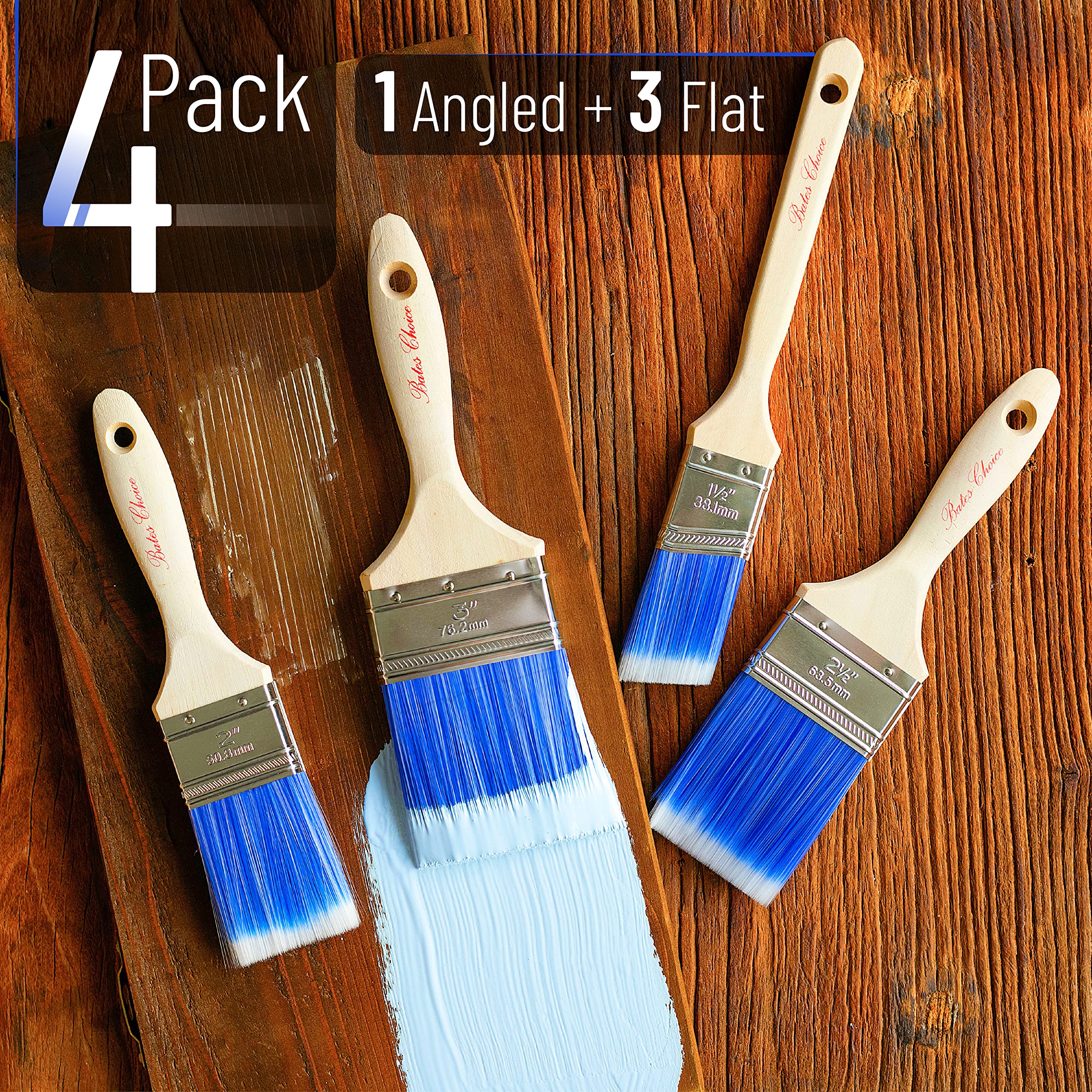 Bates Paint Brushes 4-Pack - Professional Wood Handle Paint Brush Set for Walls, Trim & Sash | Perfect for Home Painting, DIY Projects & Professional Use