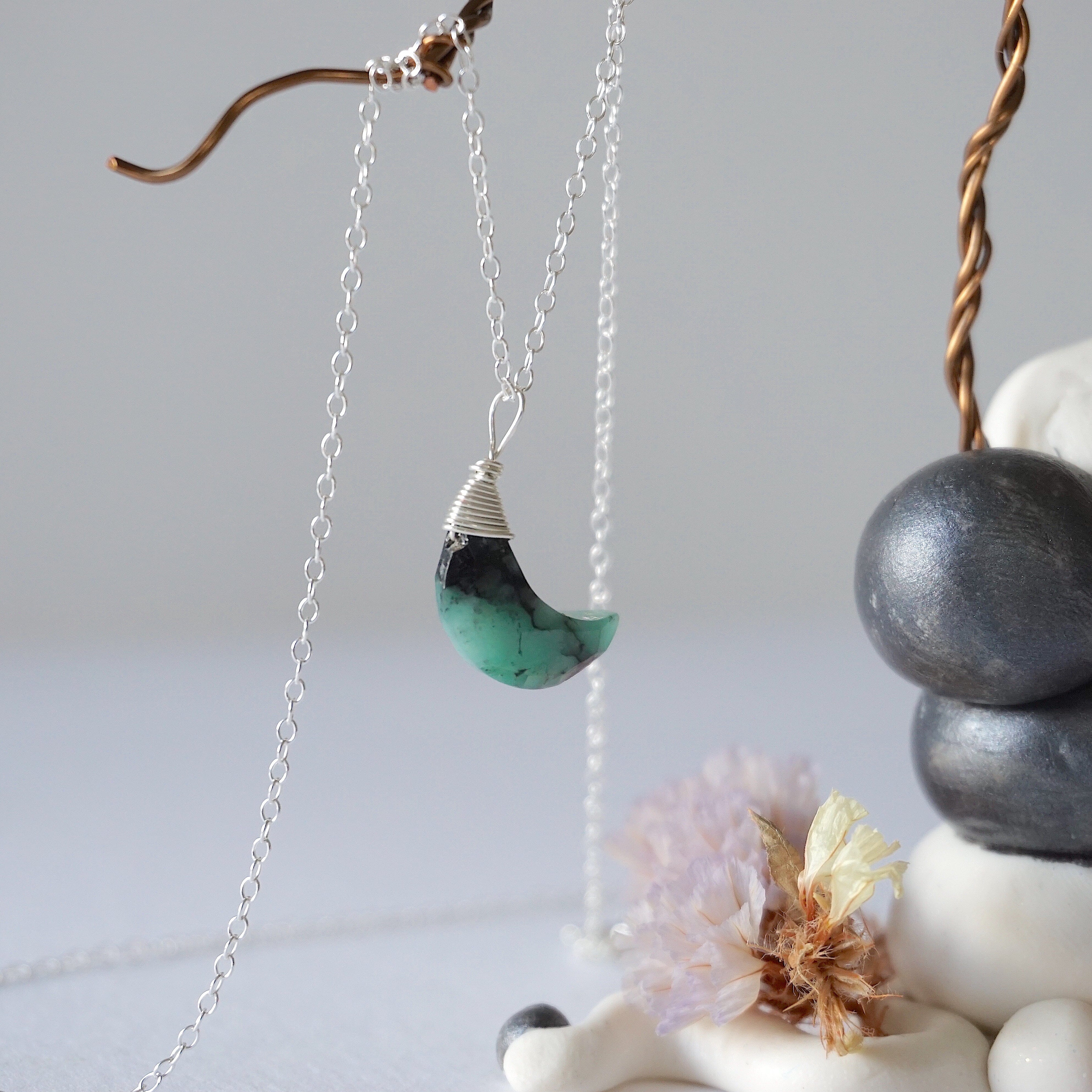 Emerald Sterling Silver Moon Charm Necklace - Dainty Jewelry for Women, Elegant Pendant Necklace for Everyday Wear, Gift for Her | Perfect for Date Nights, Office Wear & Special Occasions