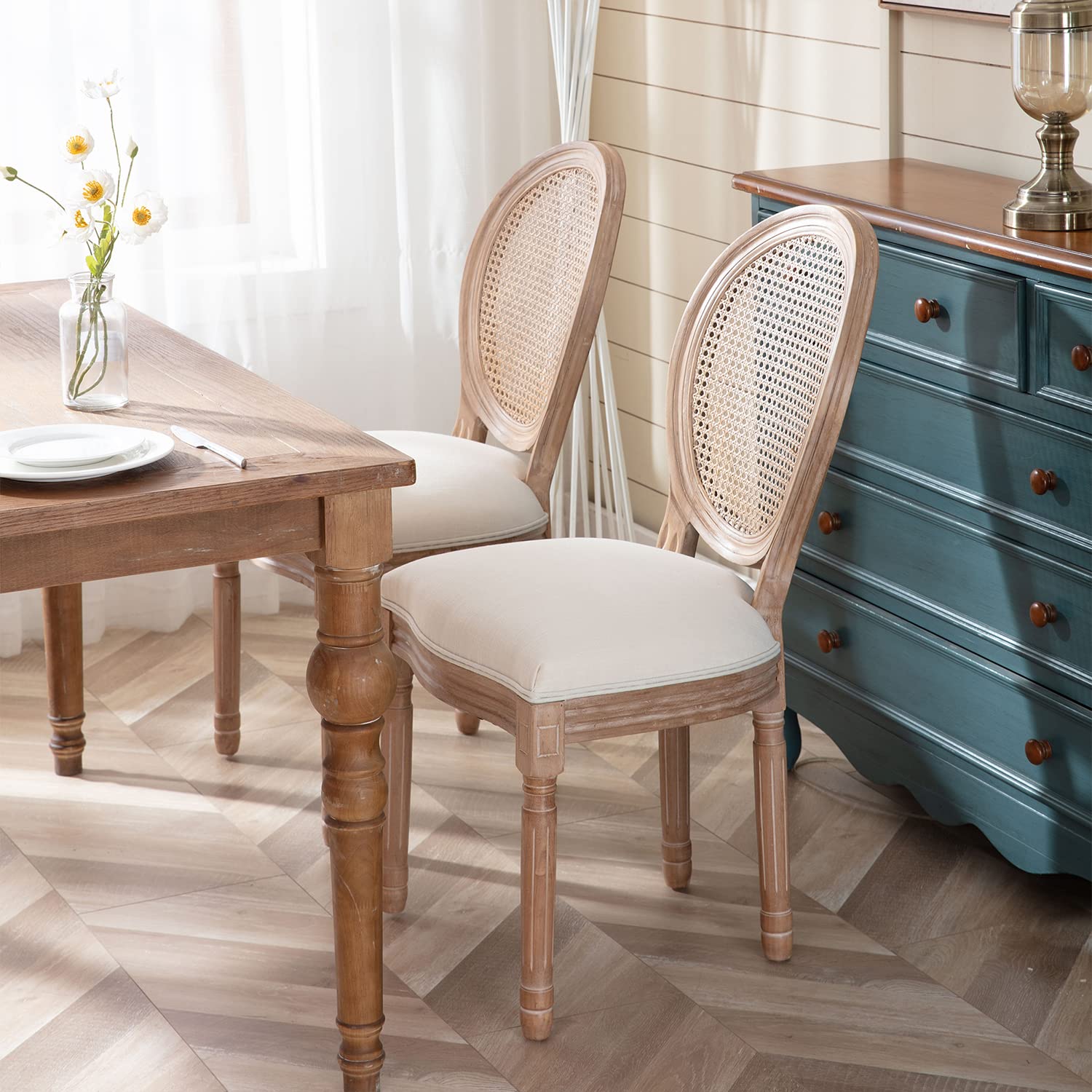 Kiztir French Country Dining Chairs Set of 4 - Farmhouse Style Upholstered Rattan Chairs with Round Backrest & Solid Wood Legs for Dining Room, Kitchen, Bedroom, Restaurant - Perfect for Farmhouse Decor, Casual Dining, and Entertaining Guests