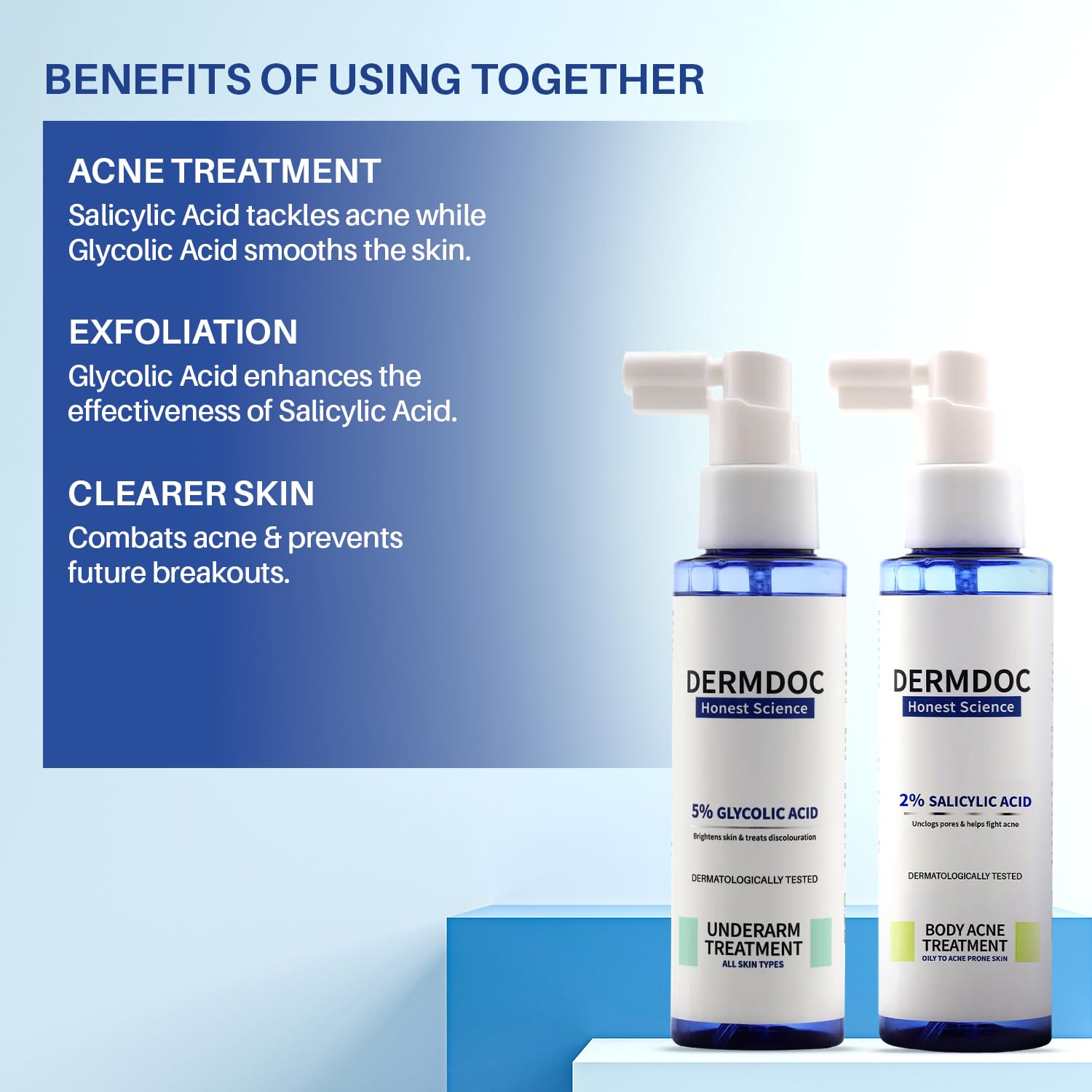 DermDoc Smooth & Clear Skin Body Treatment Combo - 5% Glycolic Acid Underarm Brightening Spray (100ml) & 2% Salicylic Acid Body Acne Treatment Spray (100ml) - Dark Underarm & Body Acne Solution for Clear Skin - Perfect for Daily Skincare Routine & Post-Workout Care