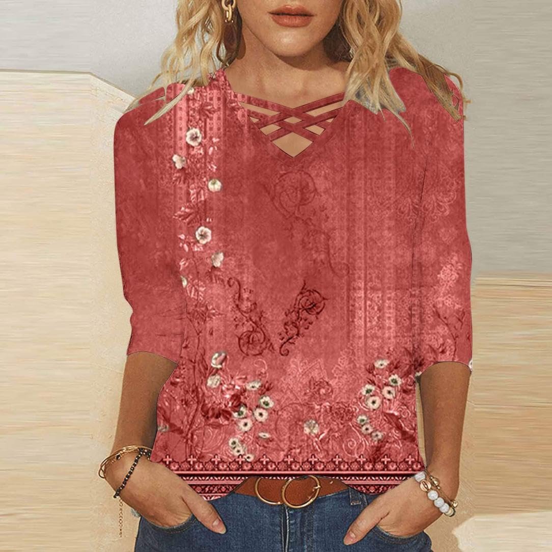Vintage Boho Summer Shirts for Women - 3/4 Sleeve Blouse Tops, Trendy Casual T-Shirts & Dressy Tops 2024 | Perfect for Beach Outings, Music Festivals & Boho Chic Style