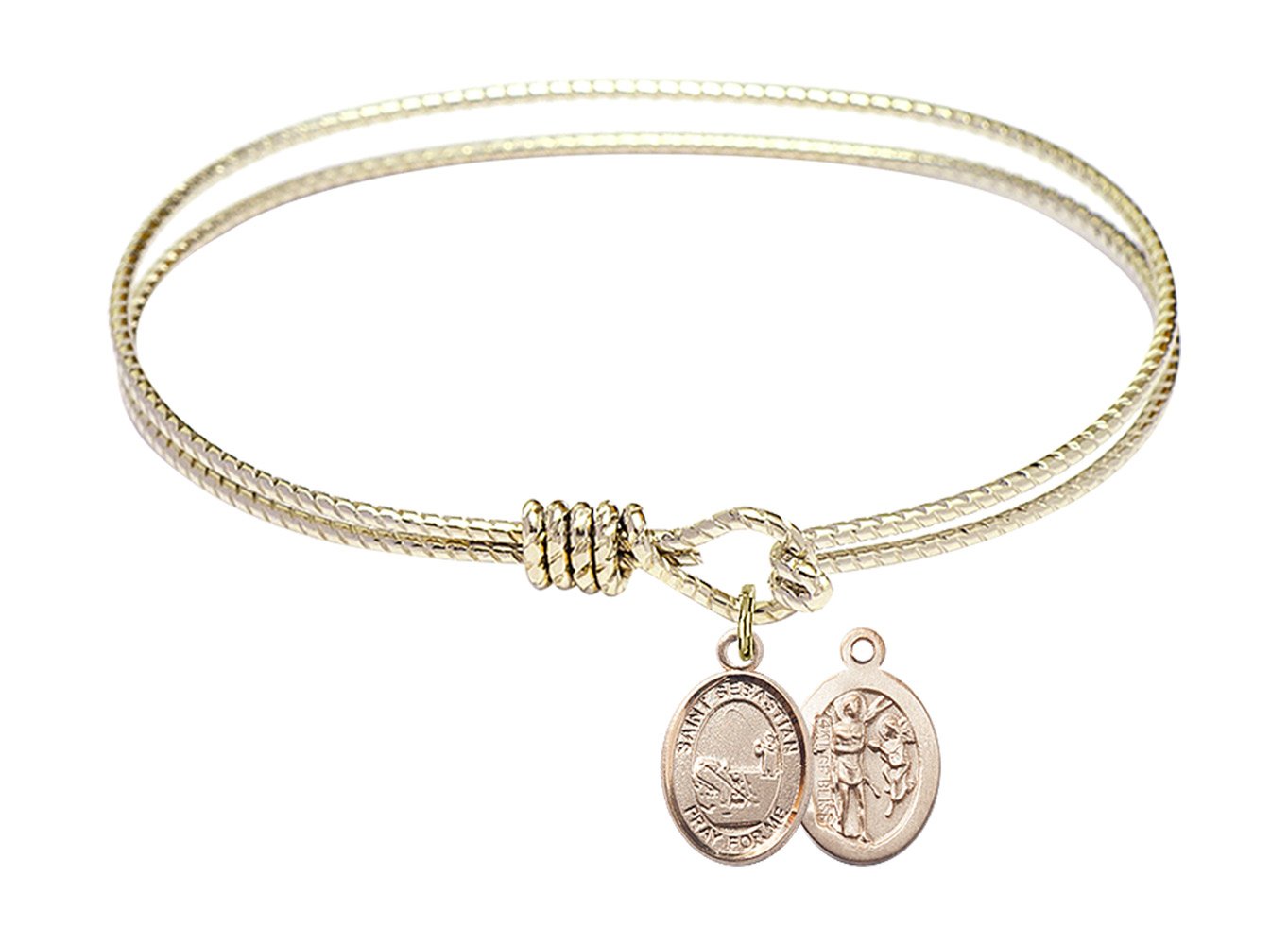 Gold-Filled Oval Eye Hook Bangle Bracelet with St. Sebastian Fishing Charm - Perfect for Everyday Wear & Gift Giving