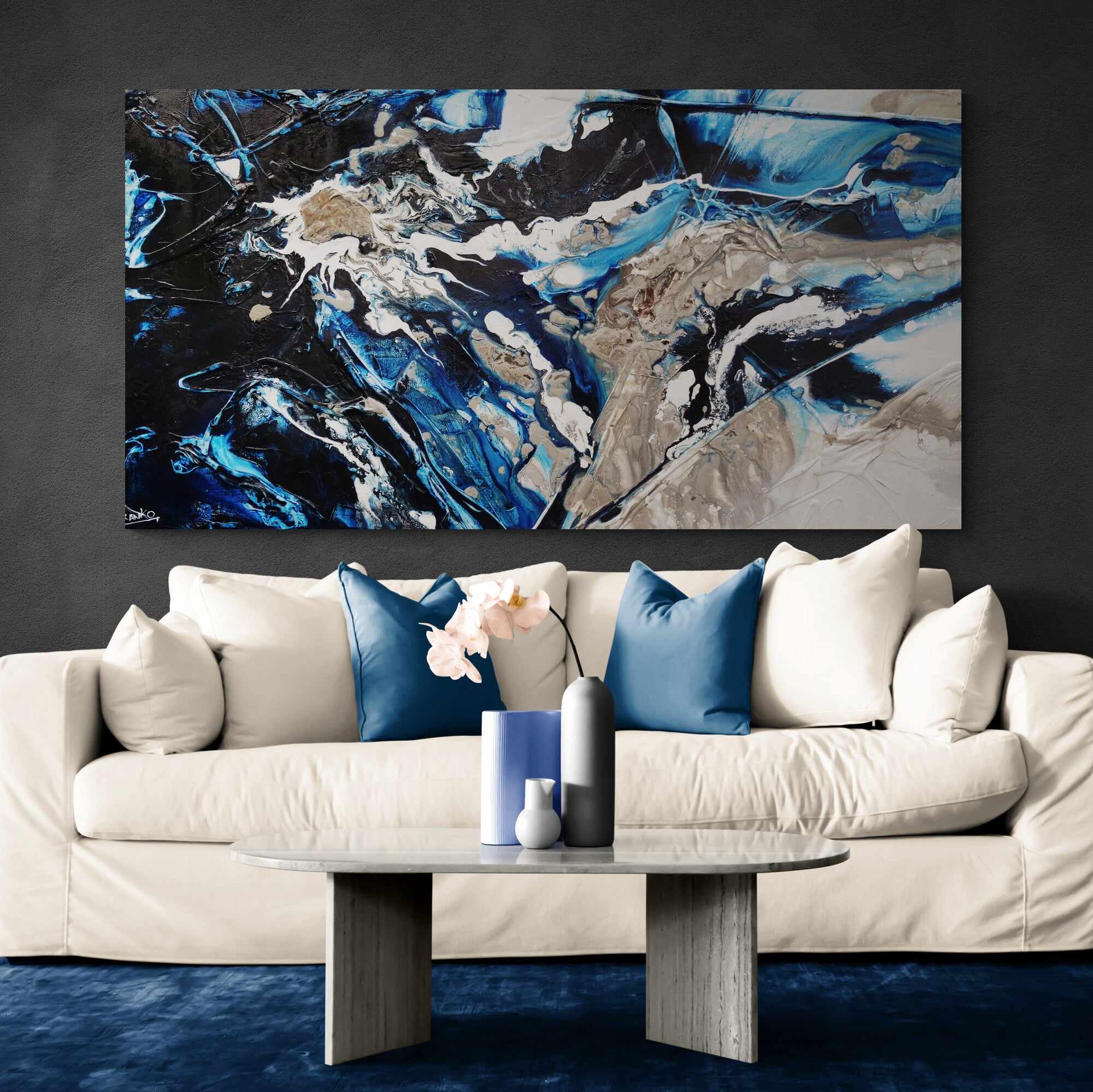 Midnight Flow 190cm x 100cm Black Blue Grey Textured Abstract Canvas Art - Modern Wall Decor for Living Room, Bedroom & Office