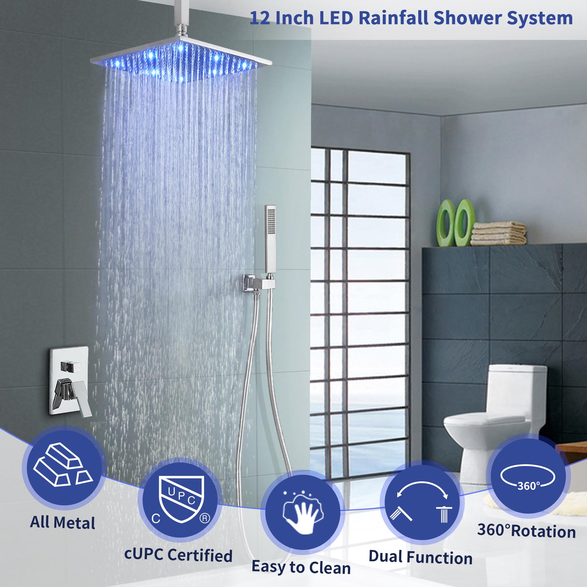 Skowll Chrome Shower Faucet Set - 12 Inch Rainfall LED Shower Head with 2 Function Valve Kit for Modern Bathroom | Perfect for Spa-Like Experience & Water Saving