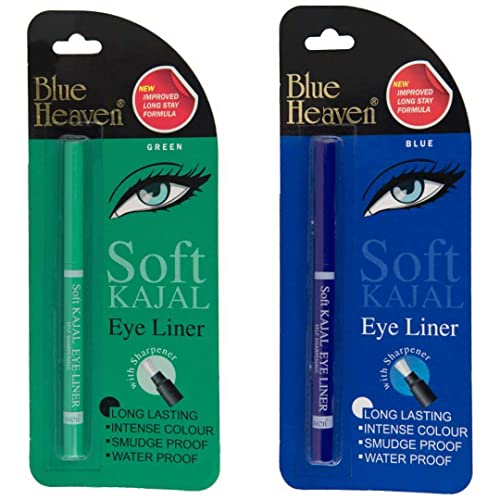 Blue Heaven Soft Kajal Eyeliner - Green & Blue Matte Finish for Smokey Eyes & Waterline - Long Lasting & Smudge Proof Eye Makeup for Daily Wear & Party Looks