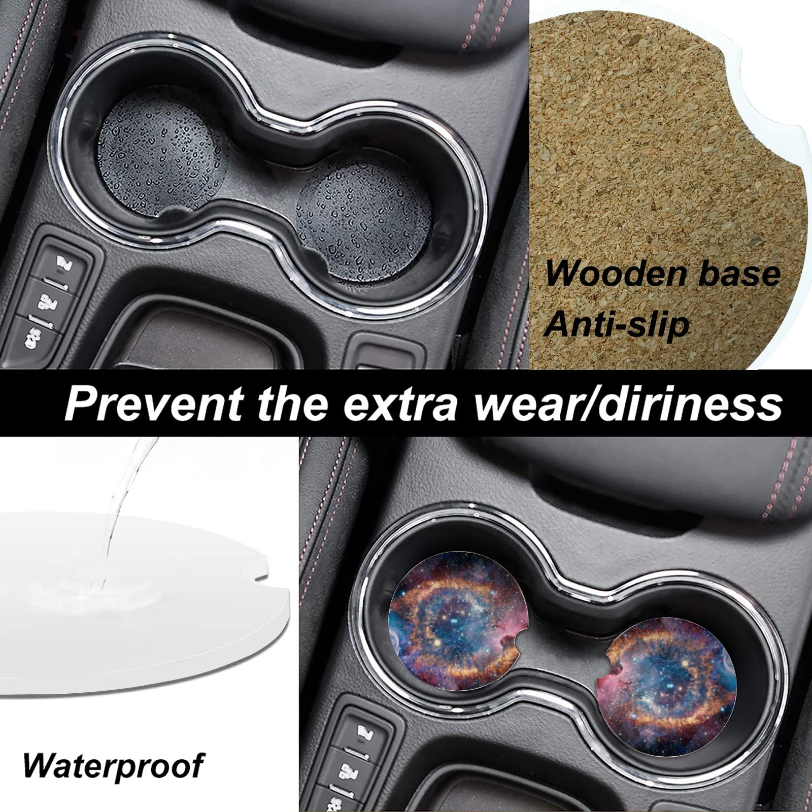ZhiMi Absorbent Car Cup Holder Coasters - 6PCS Non-Slip Ceramic Drink Coasters with Cork Base, Finger Notch for Easy Removal (2.56 Inches) - Perfect for Cars, Trucks & SUVs - Stylish Helix Nebula Design