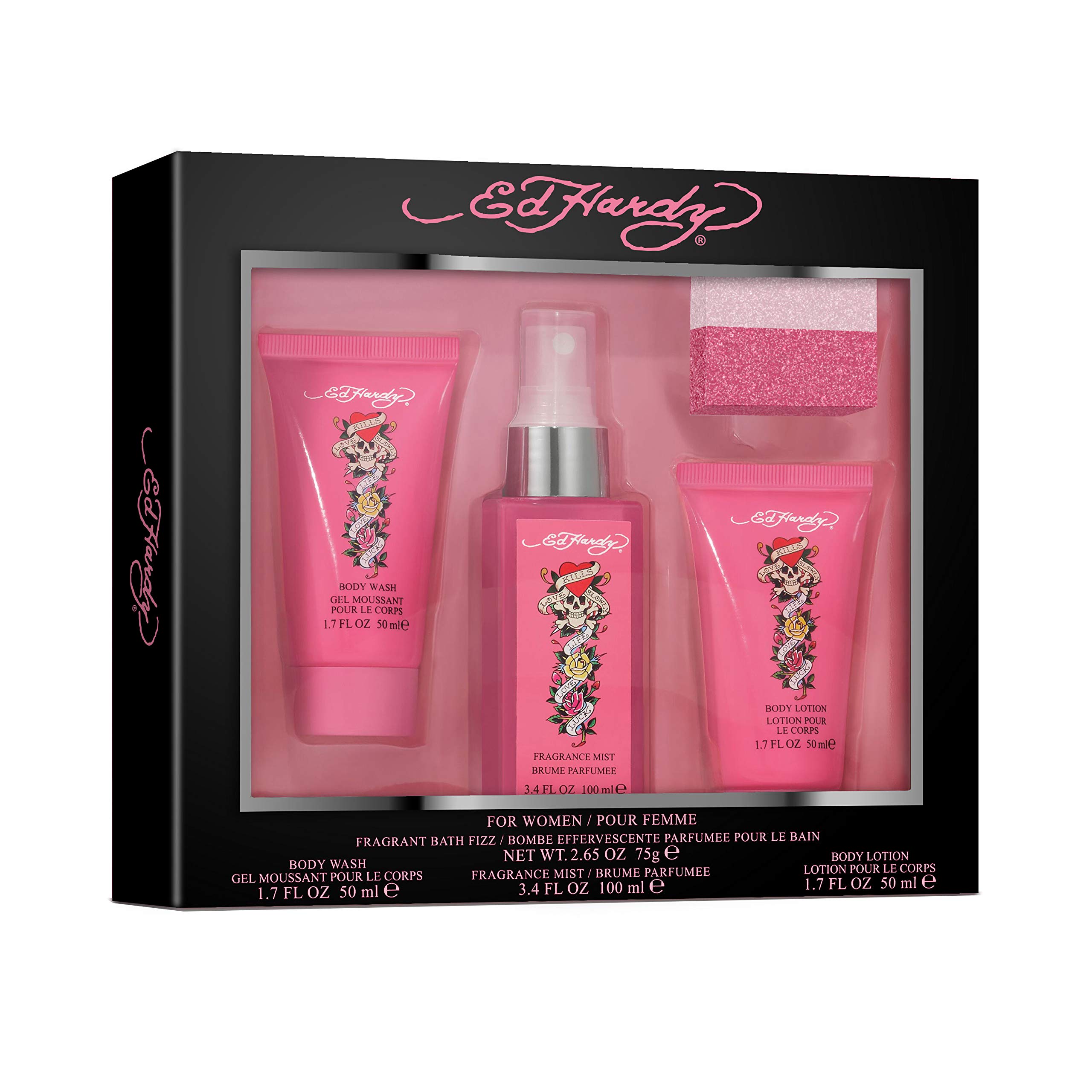 Ed Hardy Women's Perfume Gift Set - 4 Piece Bath & Body Collection with Fragrance Mist, Body Lotion, Shower Gel & Bath Fizz | Perfect for Gifts, Self-Care & Relaxing Spa Nights at Home