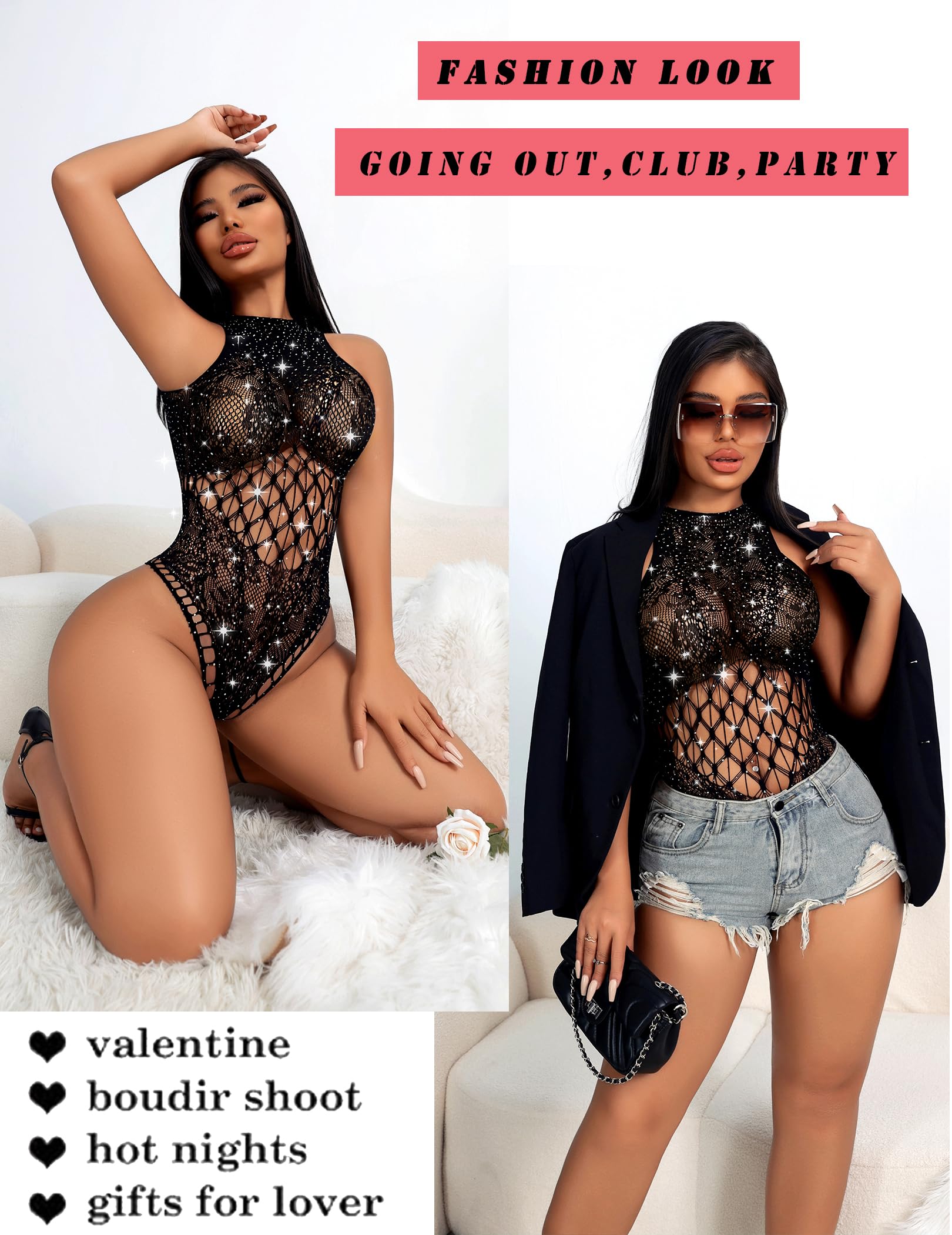 Sparkling Rhinestone Fishnet Lingerie Bodysuit for Women - Hollow Out Mesh Teddy Lingerie Set - Sexy Clubwear & Rave Outfits for Date Night & Boudoir Photography