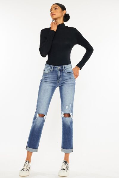 Kancan Women's High Waist Distressed Hem Cropped Straight Jeans - Trendy Denim Pants for Casual Outfits, Street Style & Everyday Wear