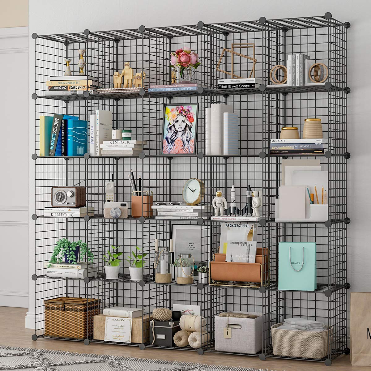 KOUSI 25-Cube DIY Wire Storage Shelf - Modular Metal Grid Organizer, Stackable Cubby Shelving for Closet, Office, Garage - Black