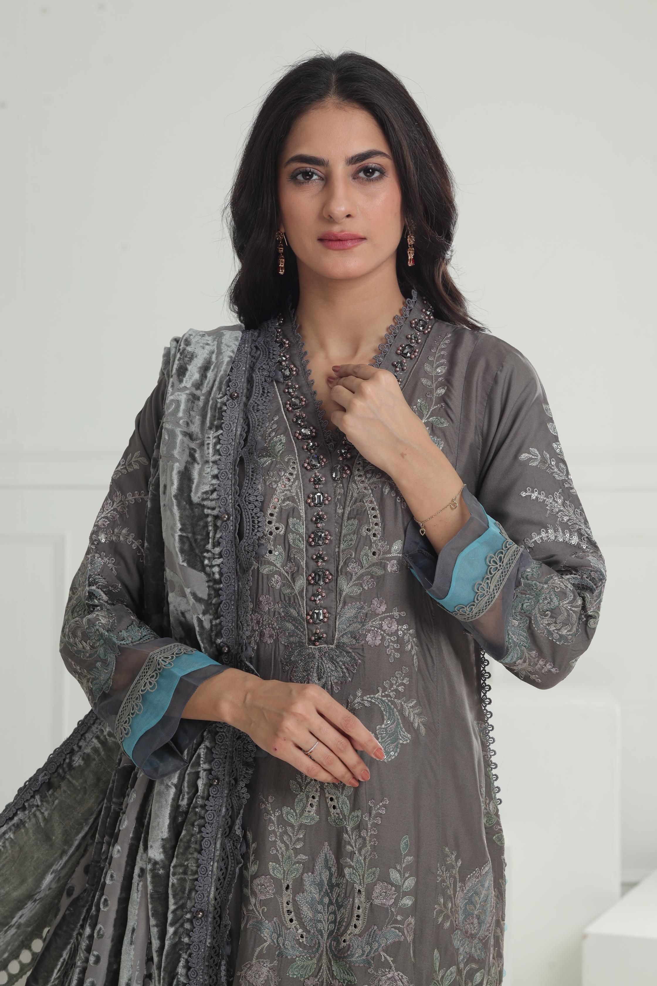 Maria B Winter Luxe Stitched Embroidered Dress - Elegant Party Wear for Women | Perfect for Holiday Gatherings, Weddings & Special Occasions