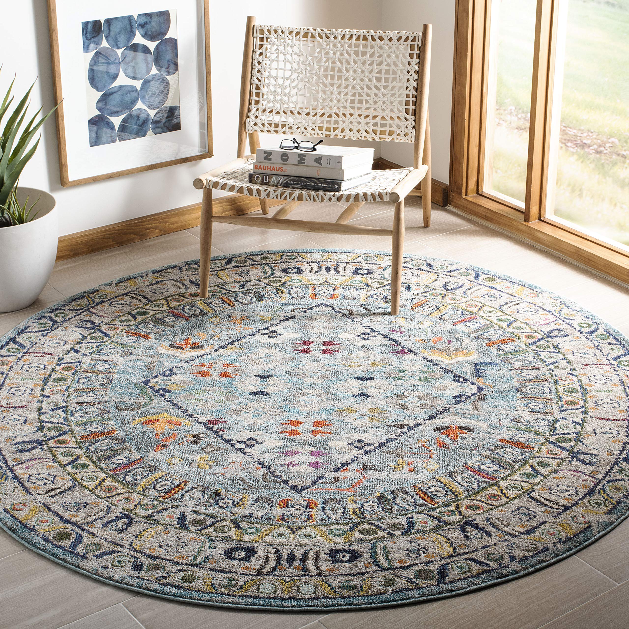 SAFAVIEH Monaco Collection 3' Round Area Rug - Blue & Light Grey Boho Chic Oriental Distressed Design, Non-Shedding Easy Care Rug for Living Room, Bedroom, High Traffic Areas | Perfect for Bohemian Home Decor & Cozy Spaces (MNC255M)