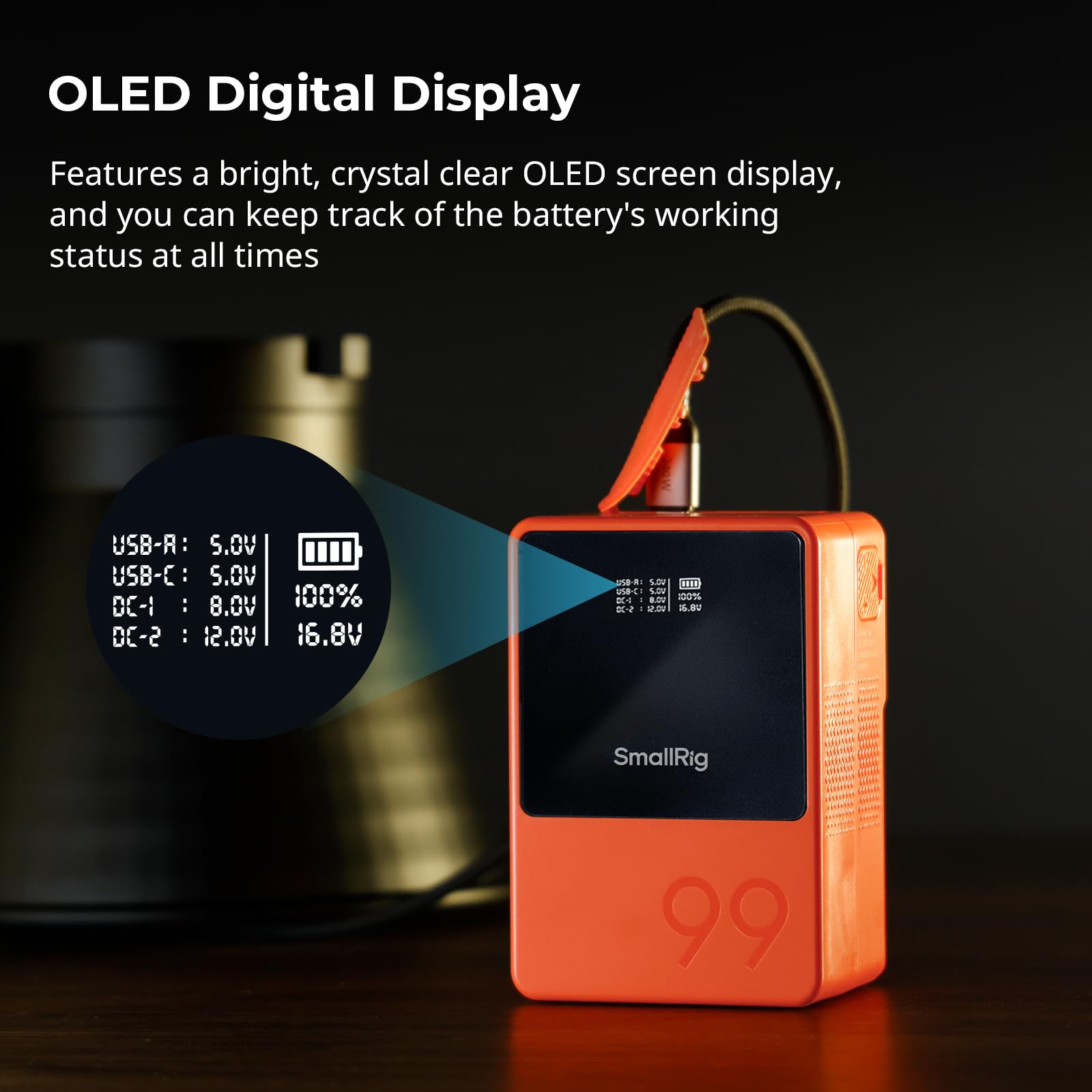 SMALLRIG VB99 Orange V Mount Battery - 99Wh 6800mAh High Capacity with 100W Output, Fast 2H Charge, USB-C/D-TAP/USB-A/Dual DC Ports, OLED Display | Perfect for DSLR Cameras, Camcorders, Monitors & Video Lights | Professional Photography & Videography Power Solution
