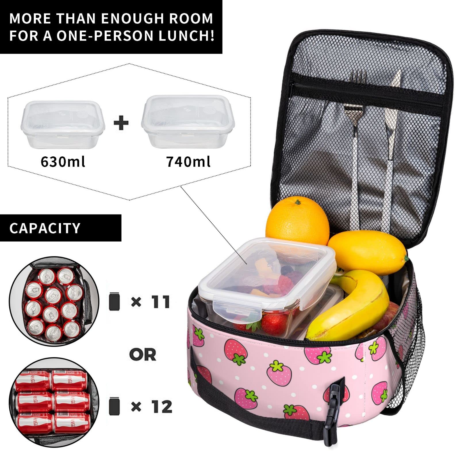 KiuLoam Insulated Lunch Box - Cute Strawberry Pink Reusable Lunch Bag with Shoulder Strap for Women, Men, Girls & Boys - Perfect for School, Work, Picnics & Outdoor Activities